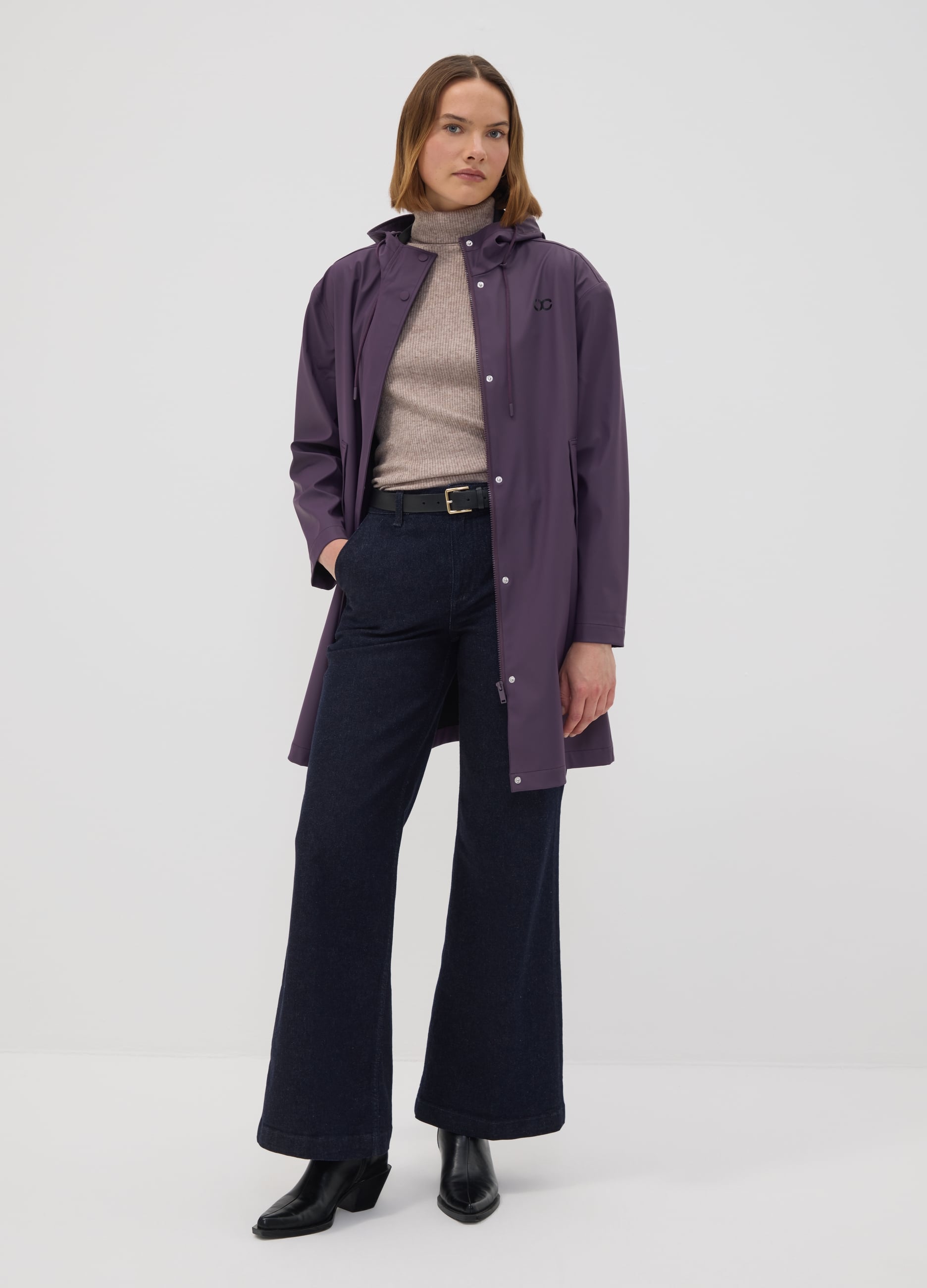 Giacca Lunga Viola Con Cappuccio E Zip