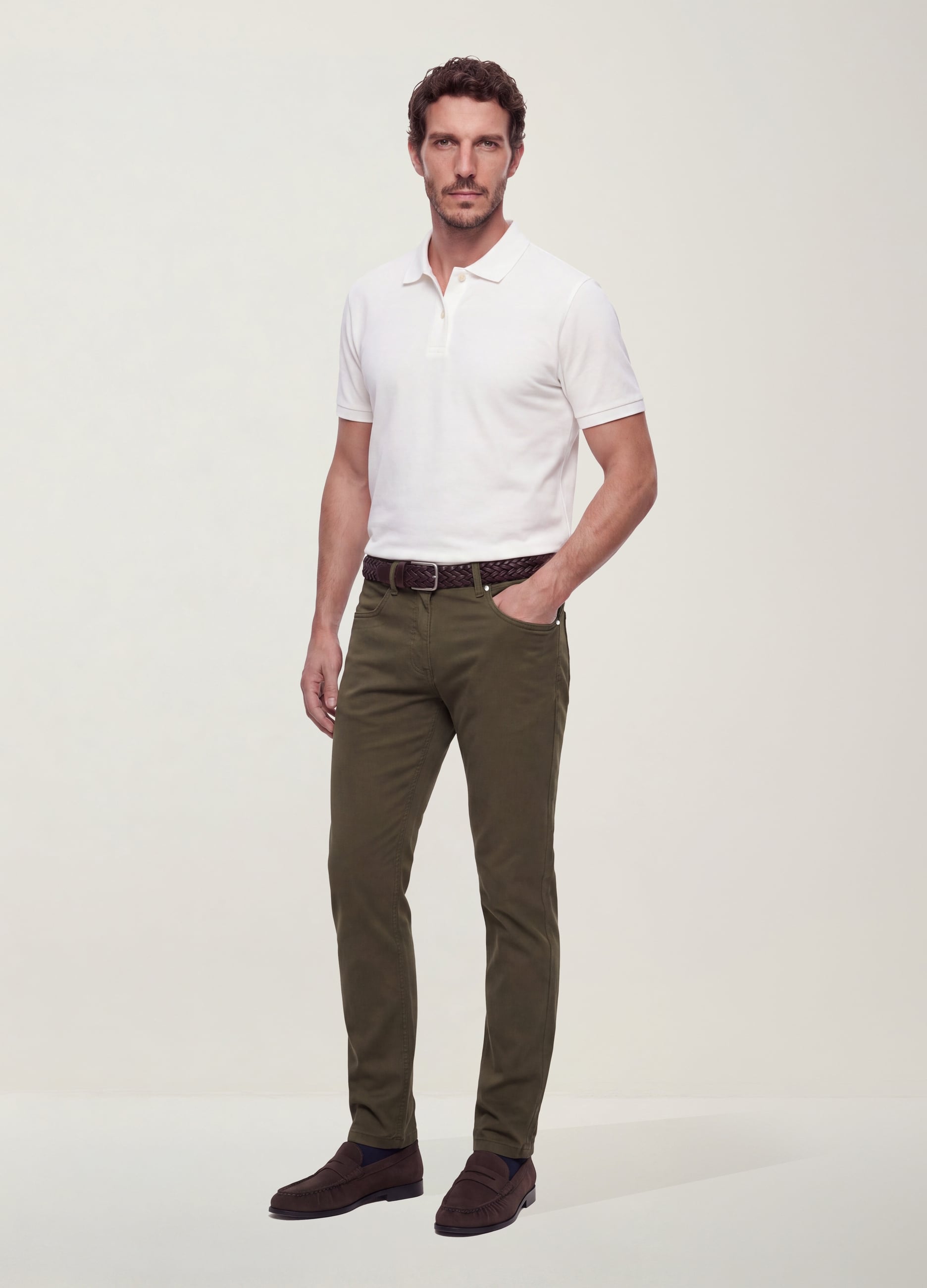 Pantaloni Verdi In Twill Di Cotone Elasticizzato Slim Fit