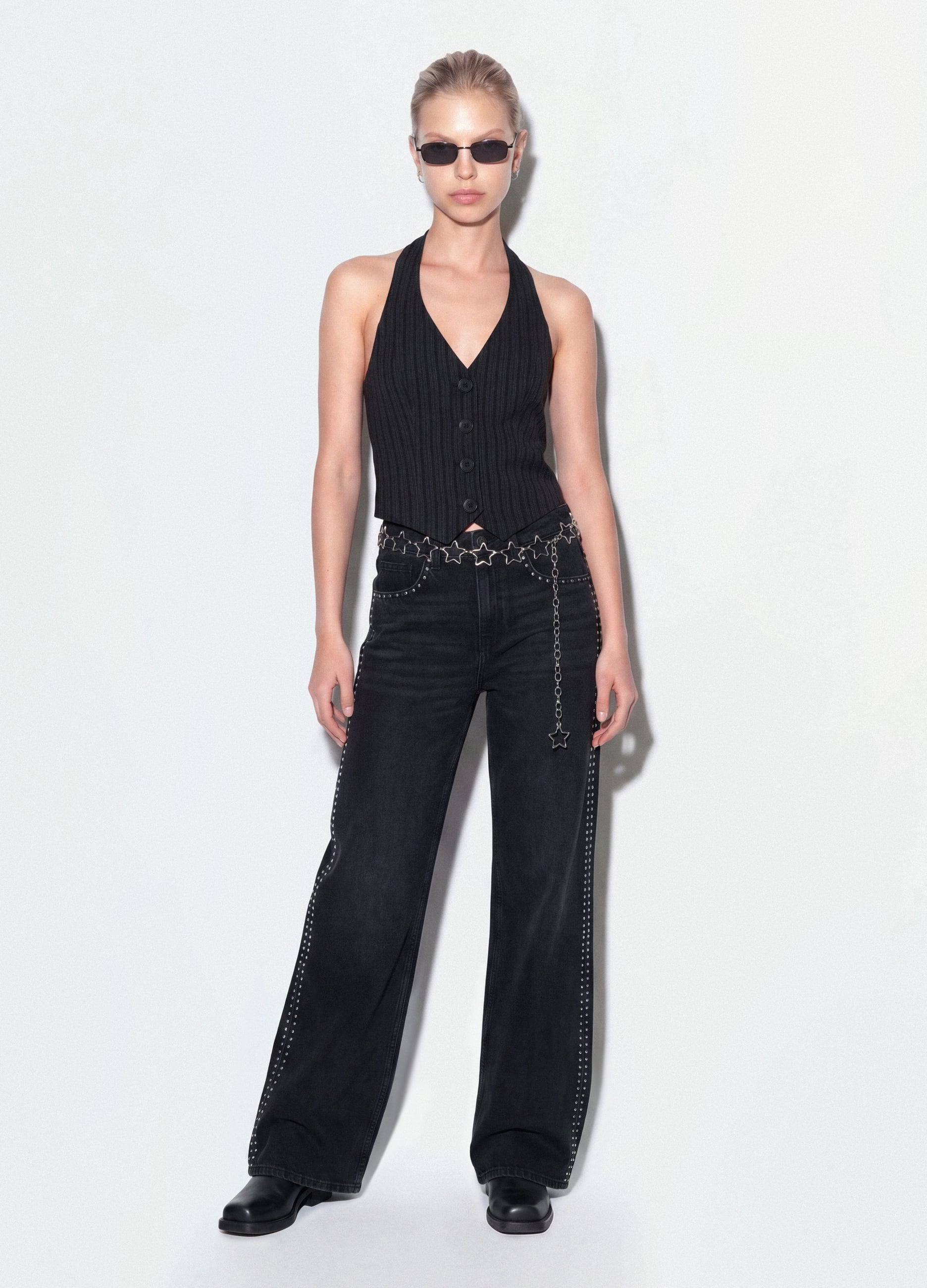 Jeans Neri Wide Leg In Puro Cotone Con Borchie