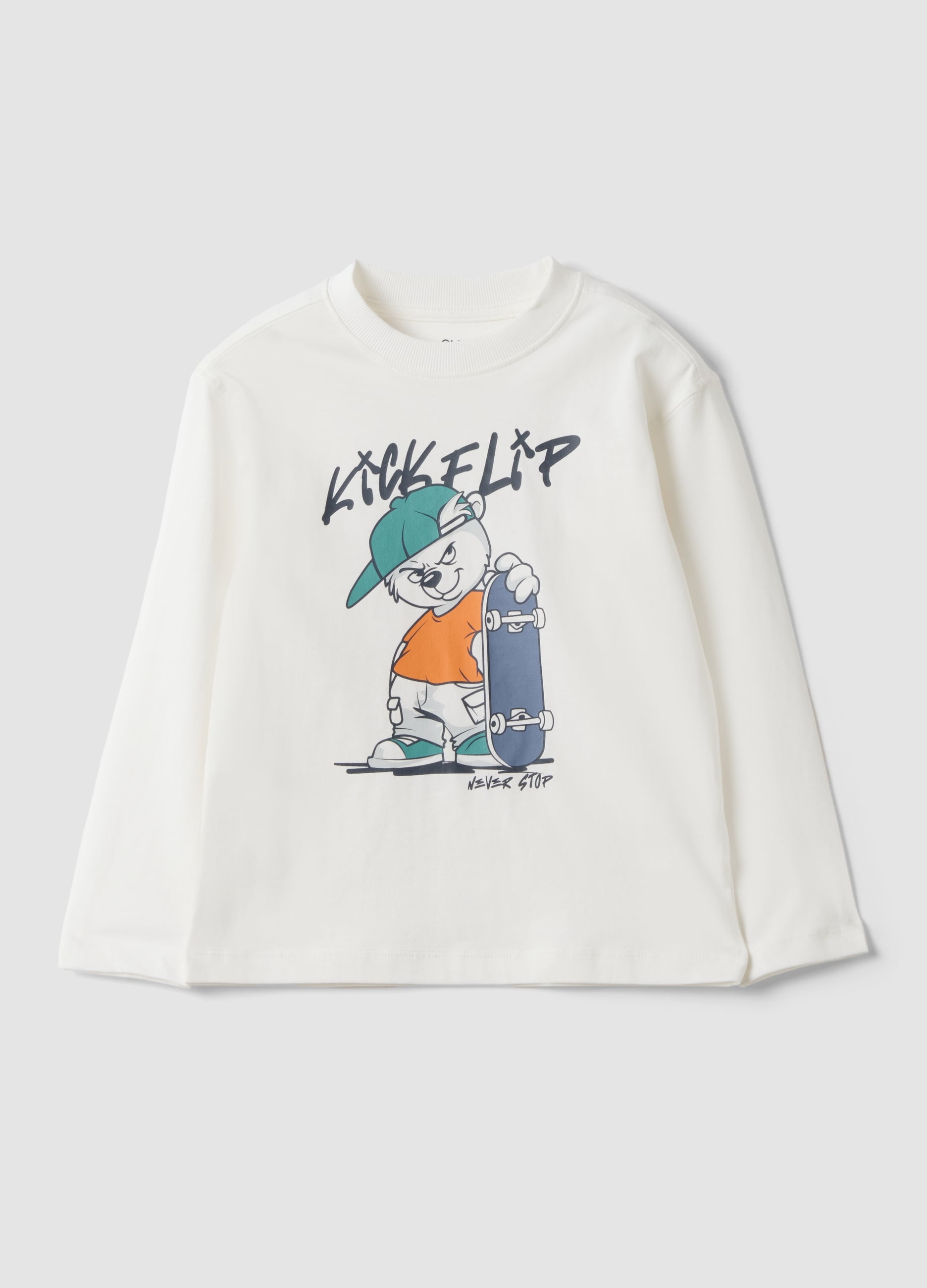 T-shirt Over Fit Bianca In Puro Cotone Con Stampa Skate Per Bambino