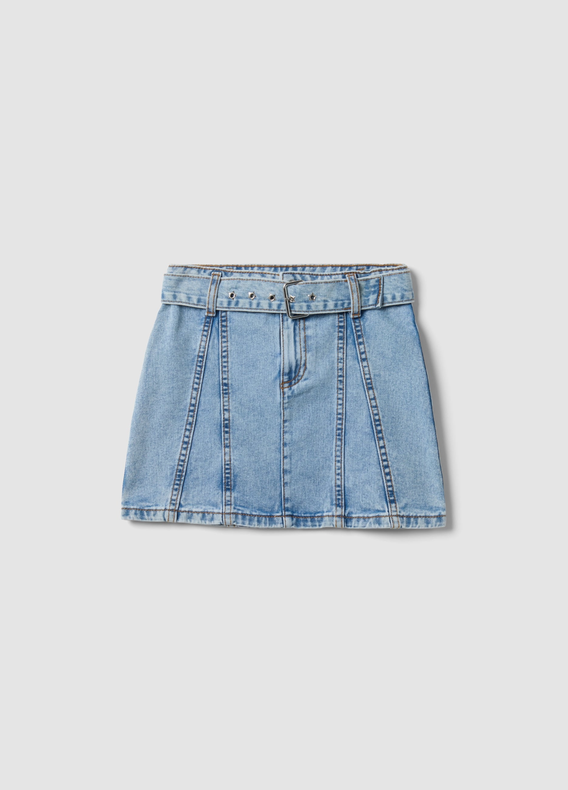 Gonna Denim Azzurra In Puro Cotone Con Cintura Coordinata Per Bambina