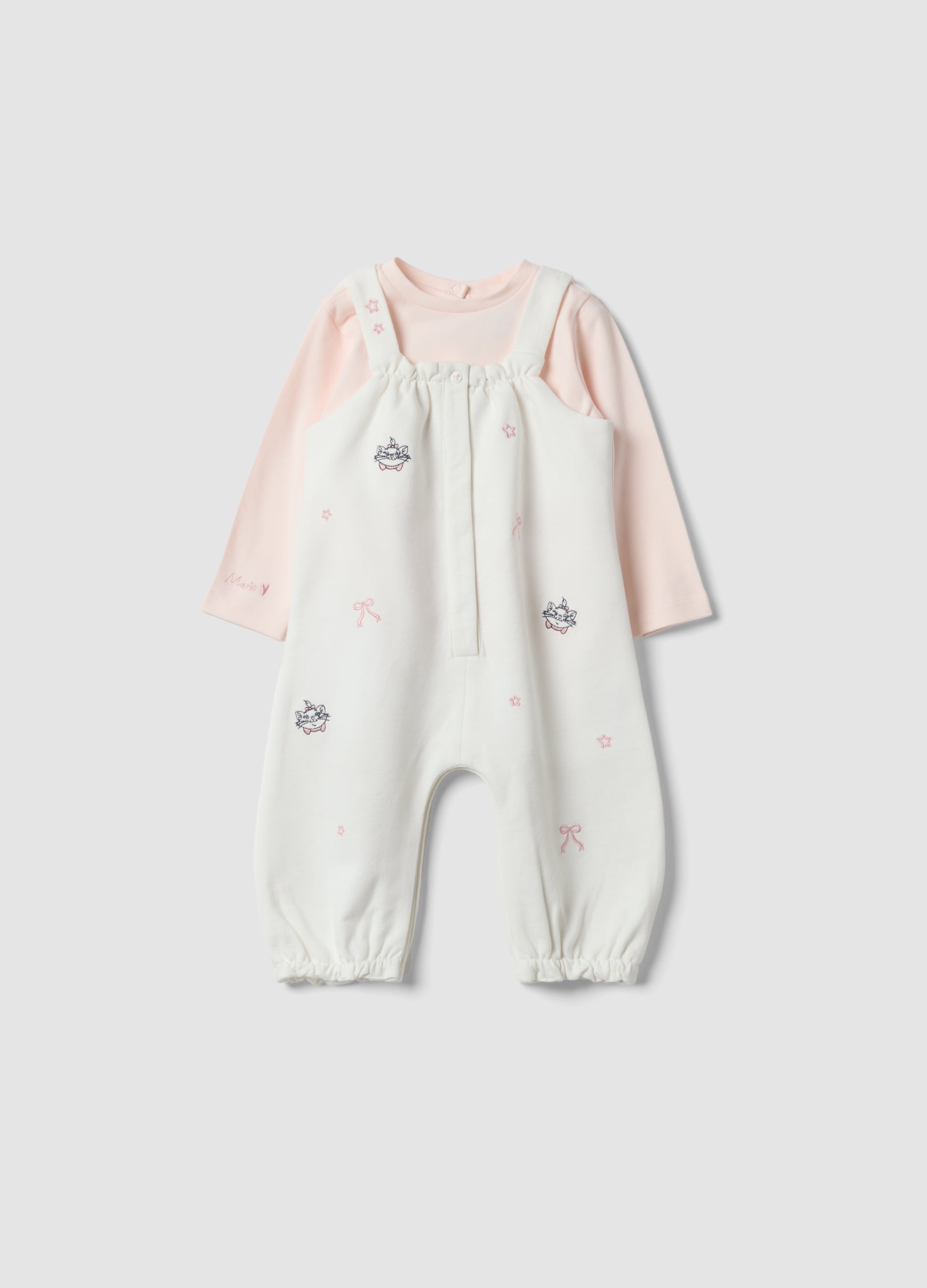 Completo Bianco E Rosa In Cotone Organico Con Ricami Aristogatti Per Neonata