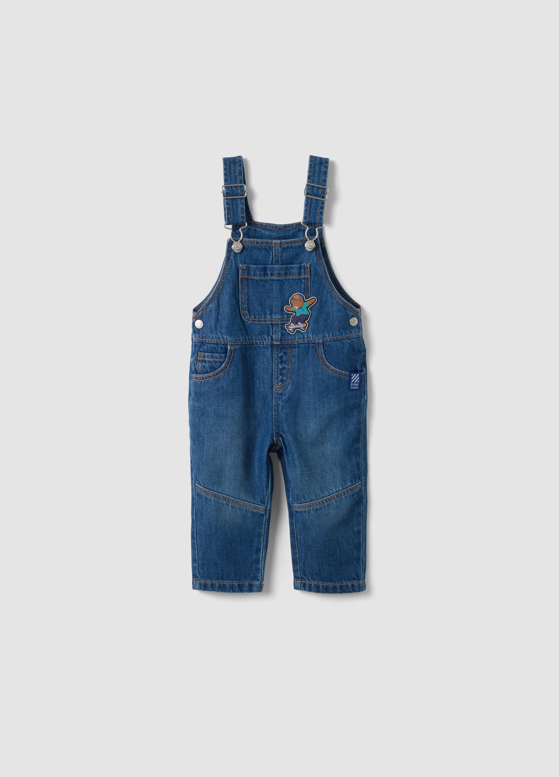 Salopette Blu In Denim Di Puro Cotone Con Orsetto Per Bimbo