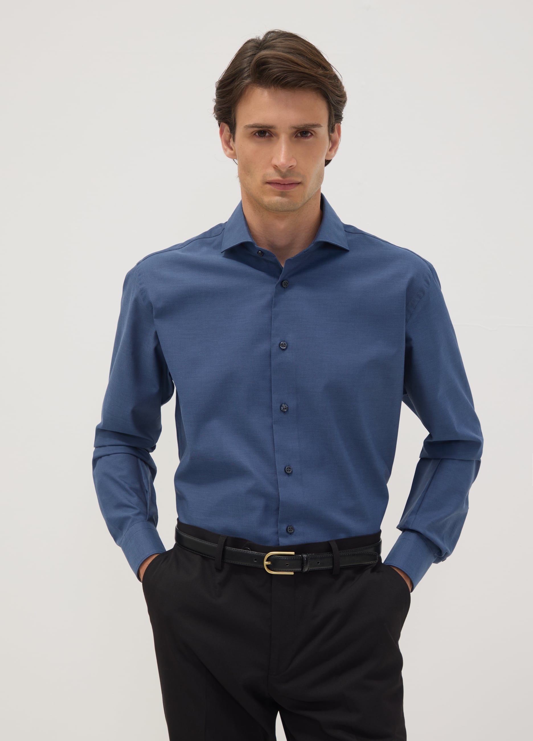 Camicia Blu In Puro Cotone Con Collo Francese Regular Fit Easy Iron