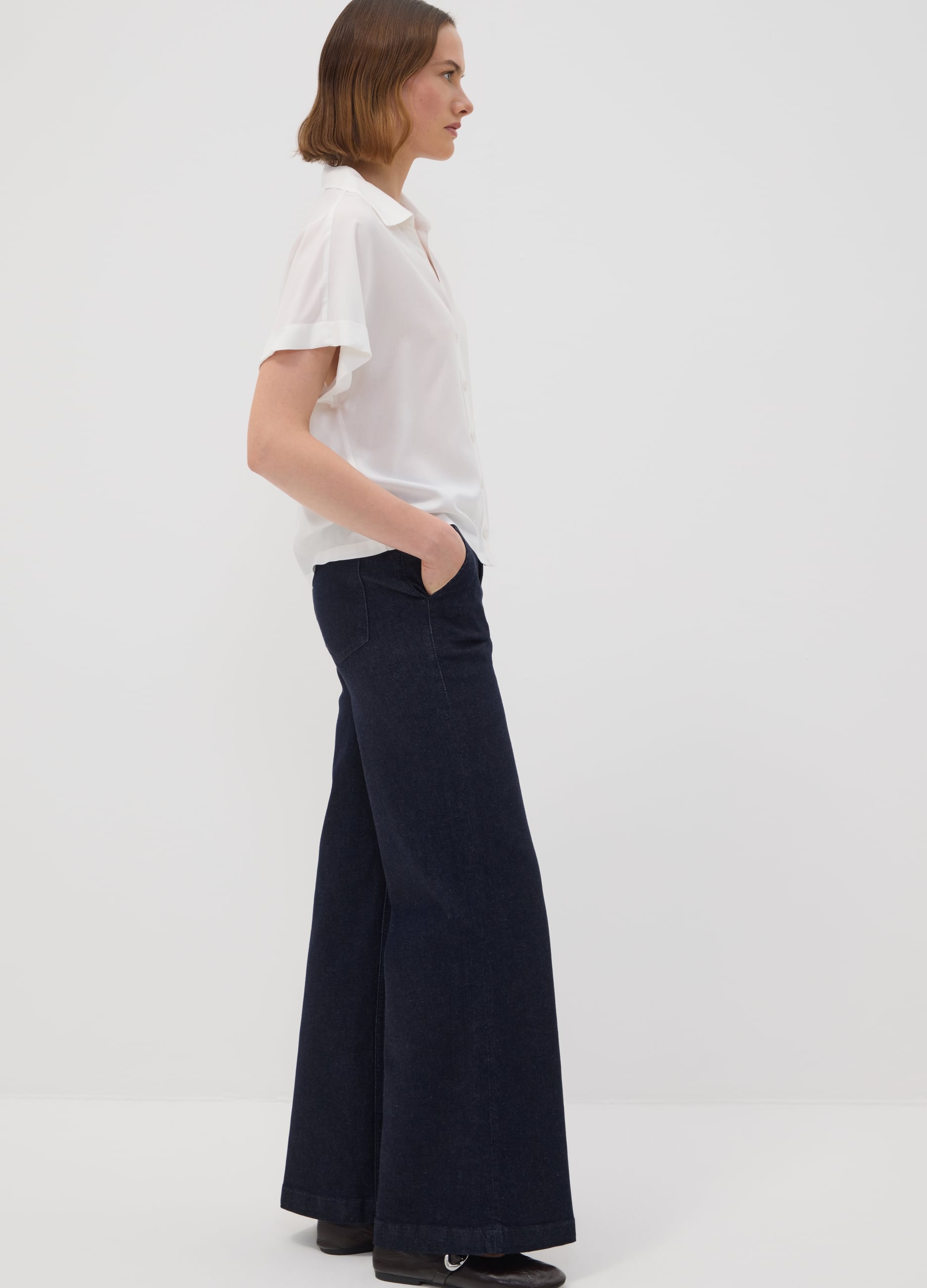 Jeans Blu Scuri Wide Leg In Cotone Elasticizzato A Vita Alta