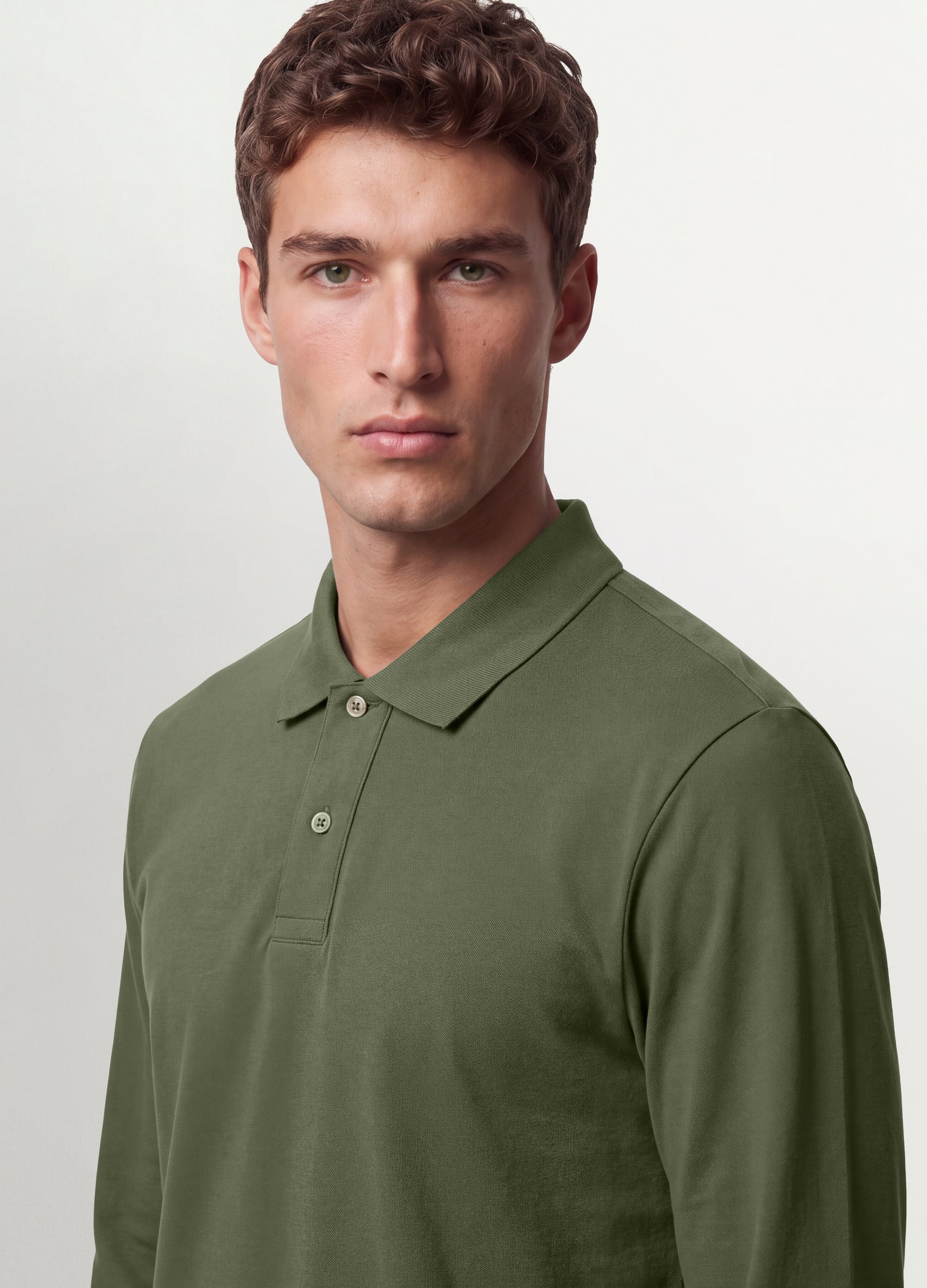 Polo Verde In Piquet Di Puro Cotone Organico A Maniche Lunghe Regular Fit
