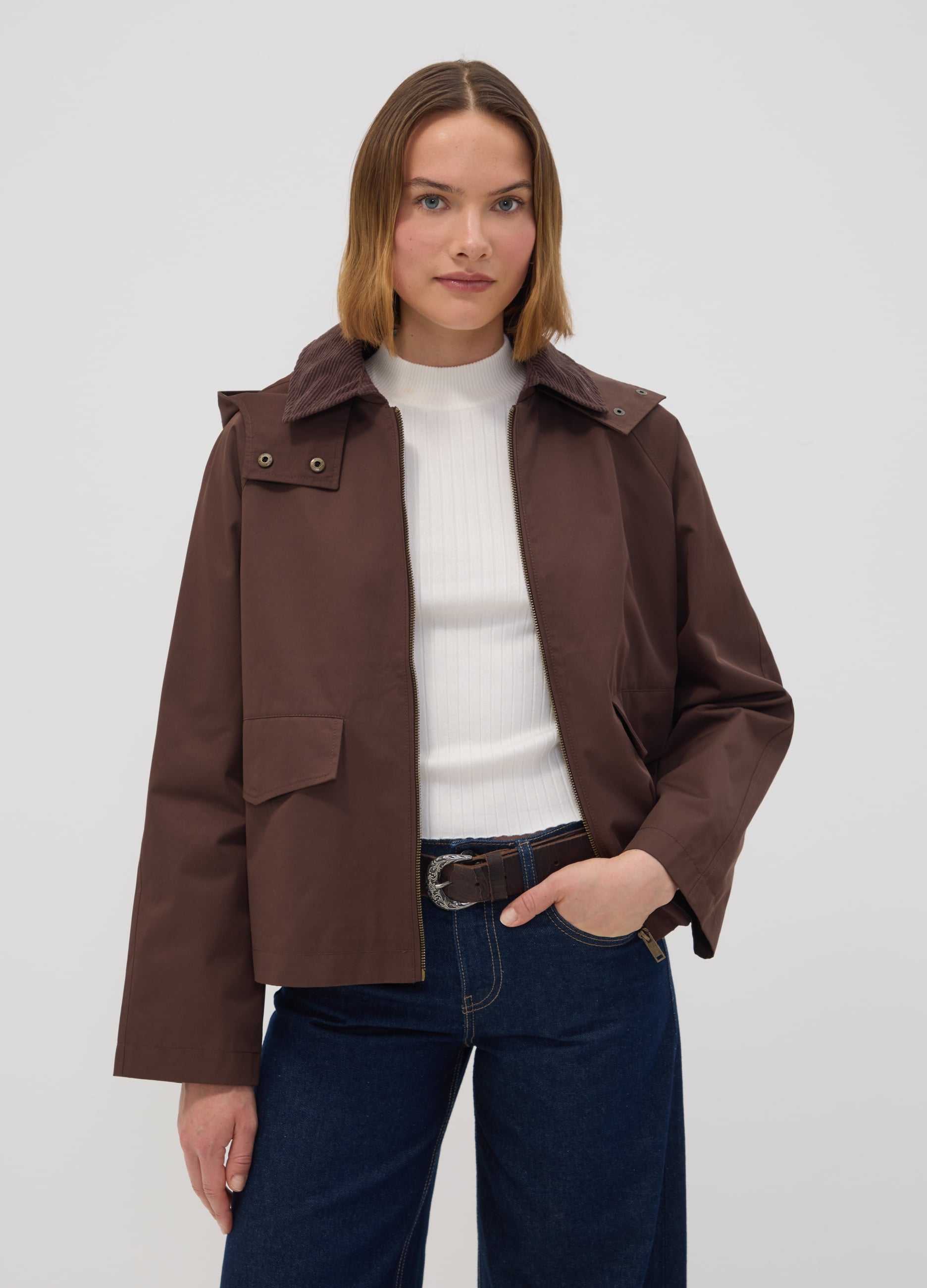 Giacca Parka Marrone Con Cappuccio E Collo A Coste In Misto Cotone
