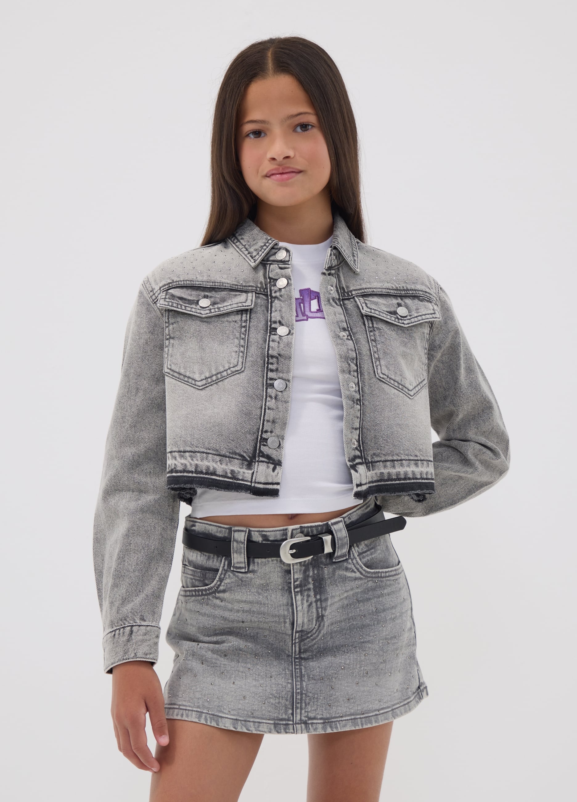 Camicia Grigia Corta In Puro Cotone Con Borchie Per Ragazza