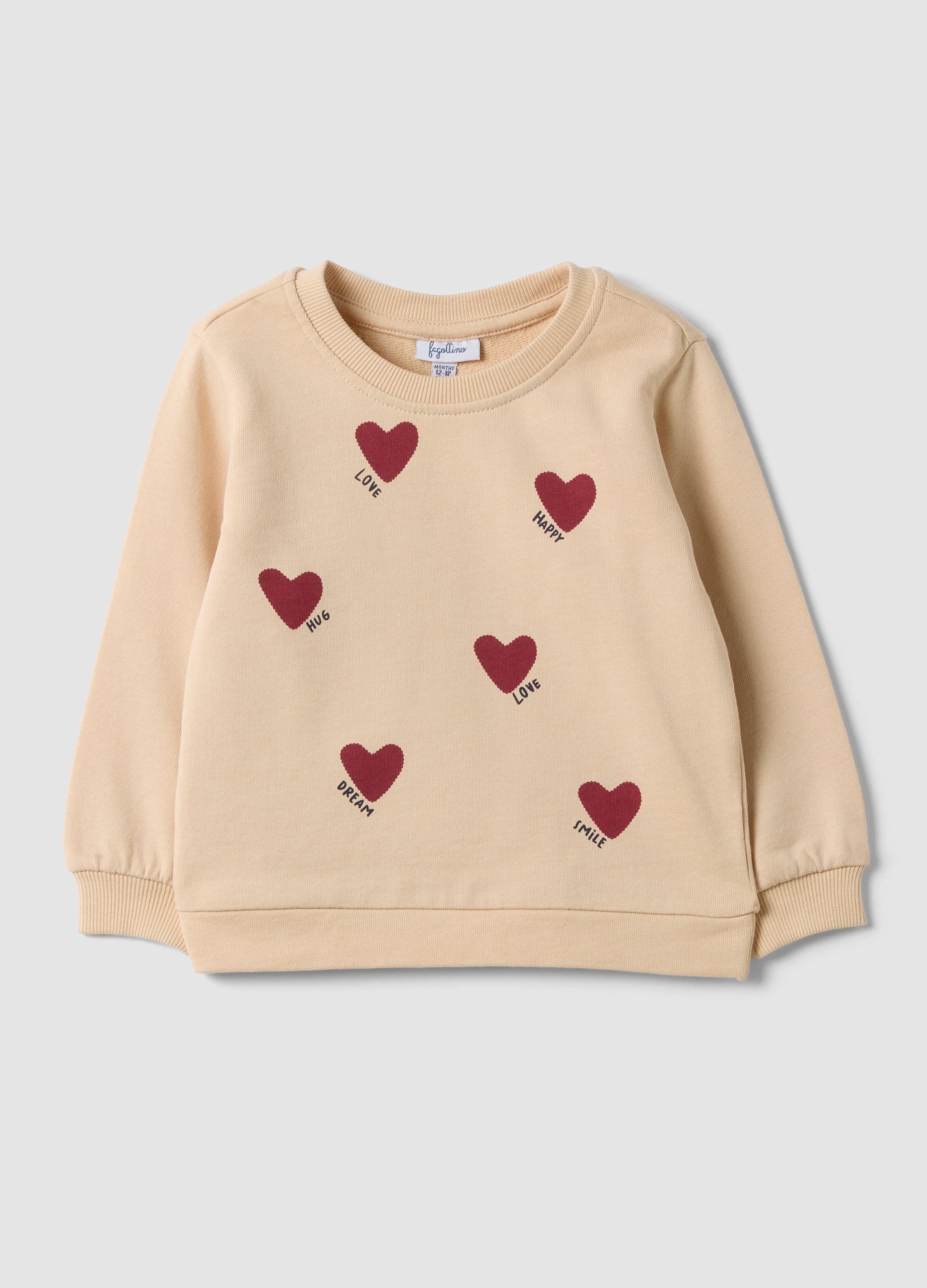Felpa Beige In Puro Cotone A Girocollo E Con Stampa Cuori Per Bimba