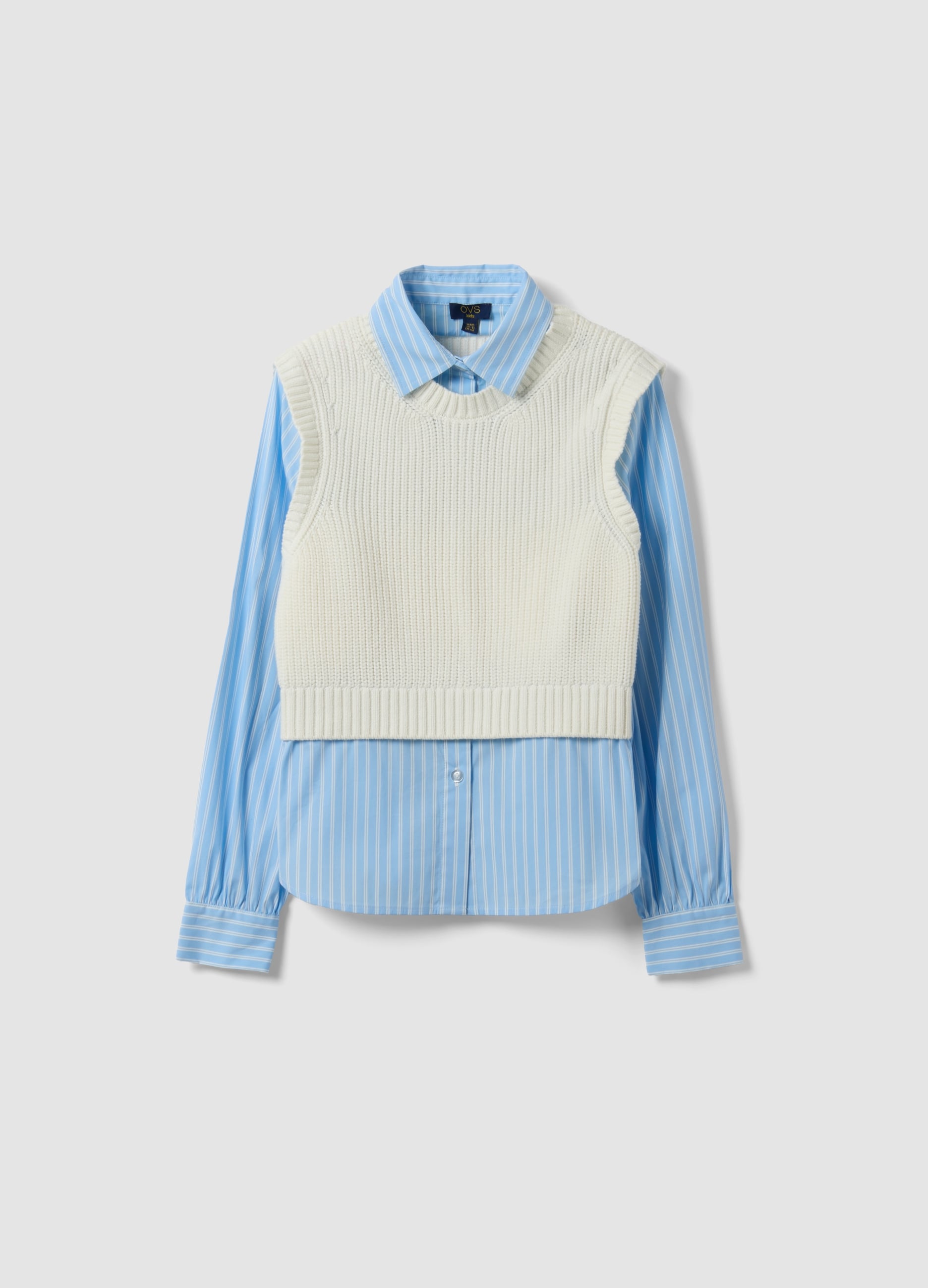 Camicia Azzurra In Puro Cotone Con Gilet A Maglia Per Ragazza