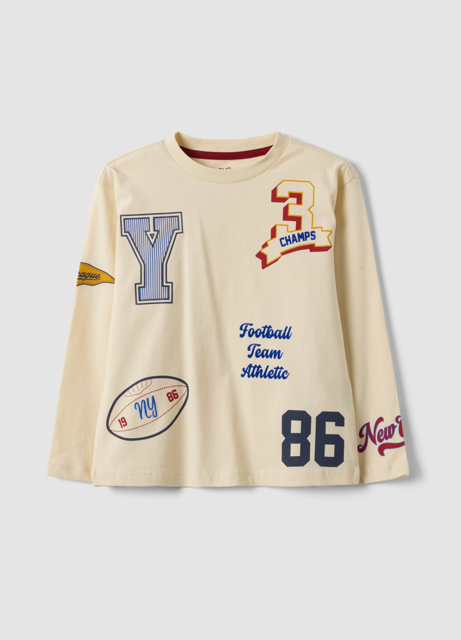 T-shirt Beige In Puro Cotone Con Girocollo E Stampe College Per Bambino