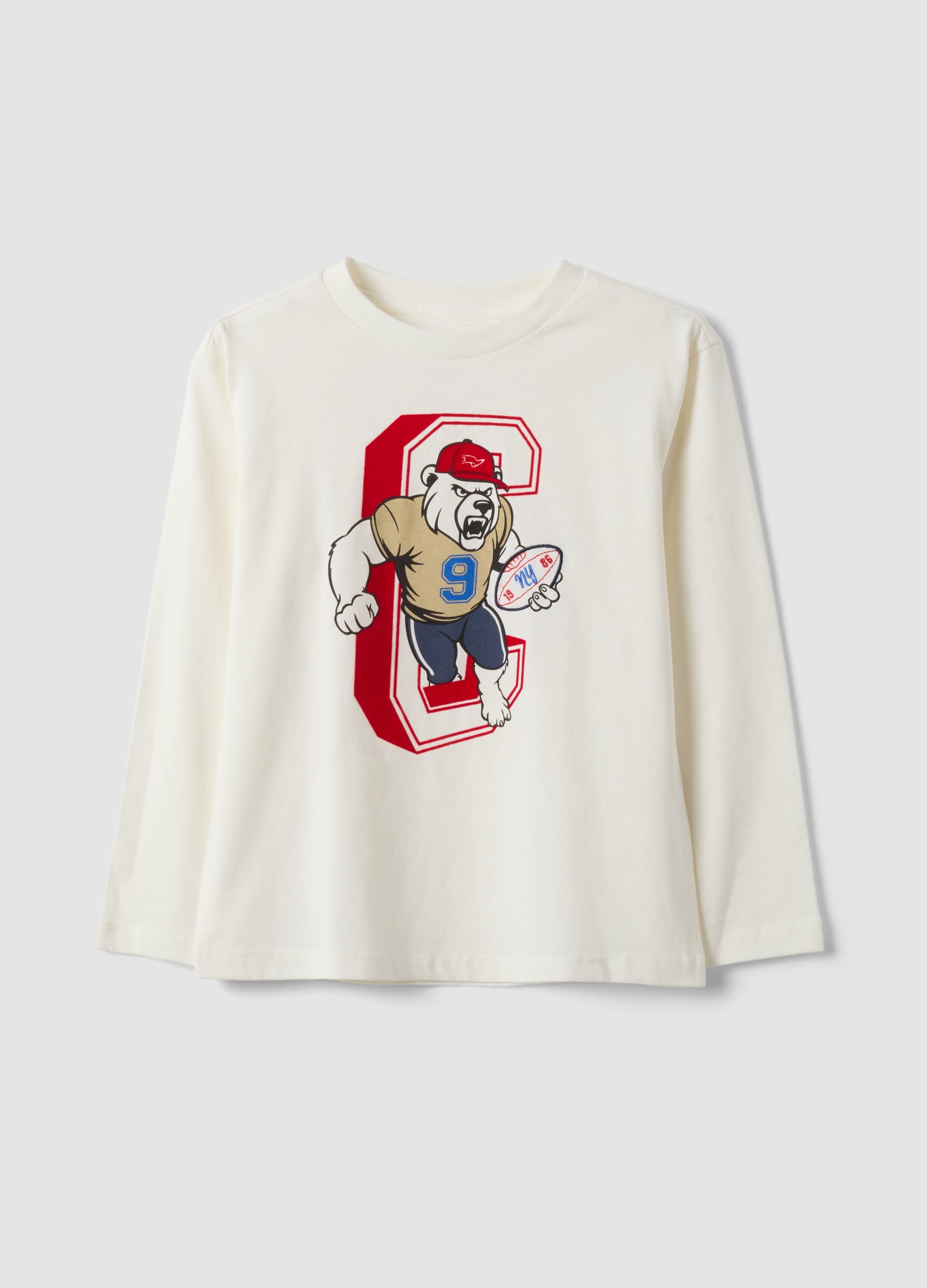 T-shirt Bianca In Puro Cotone A Girocollo Con Stampa Orso Per Bambino