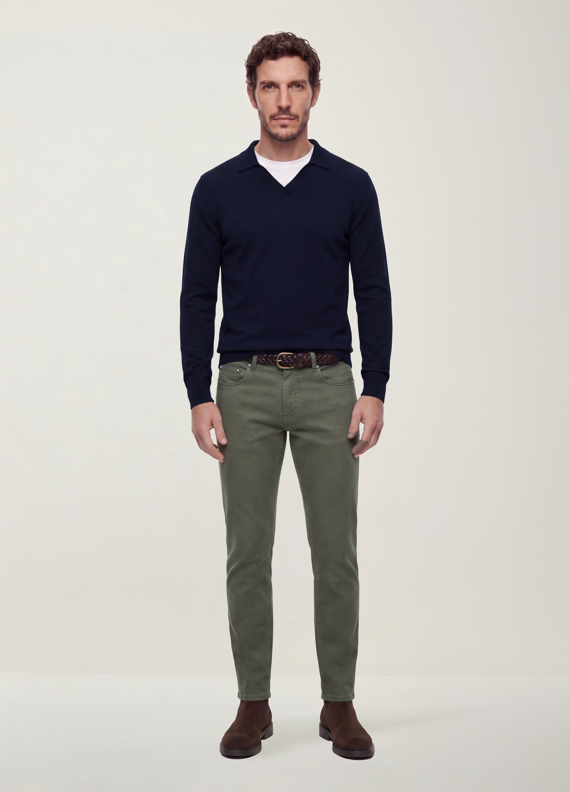 Polo Blu In Misto Viscosa Con Scollo A V E Colletto Regular Fit