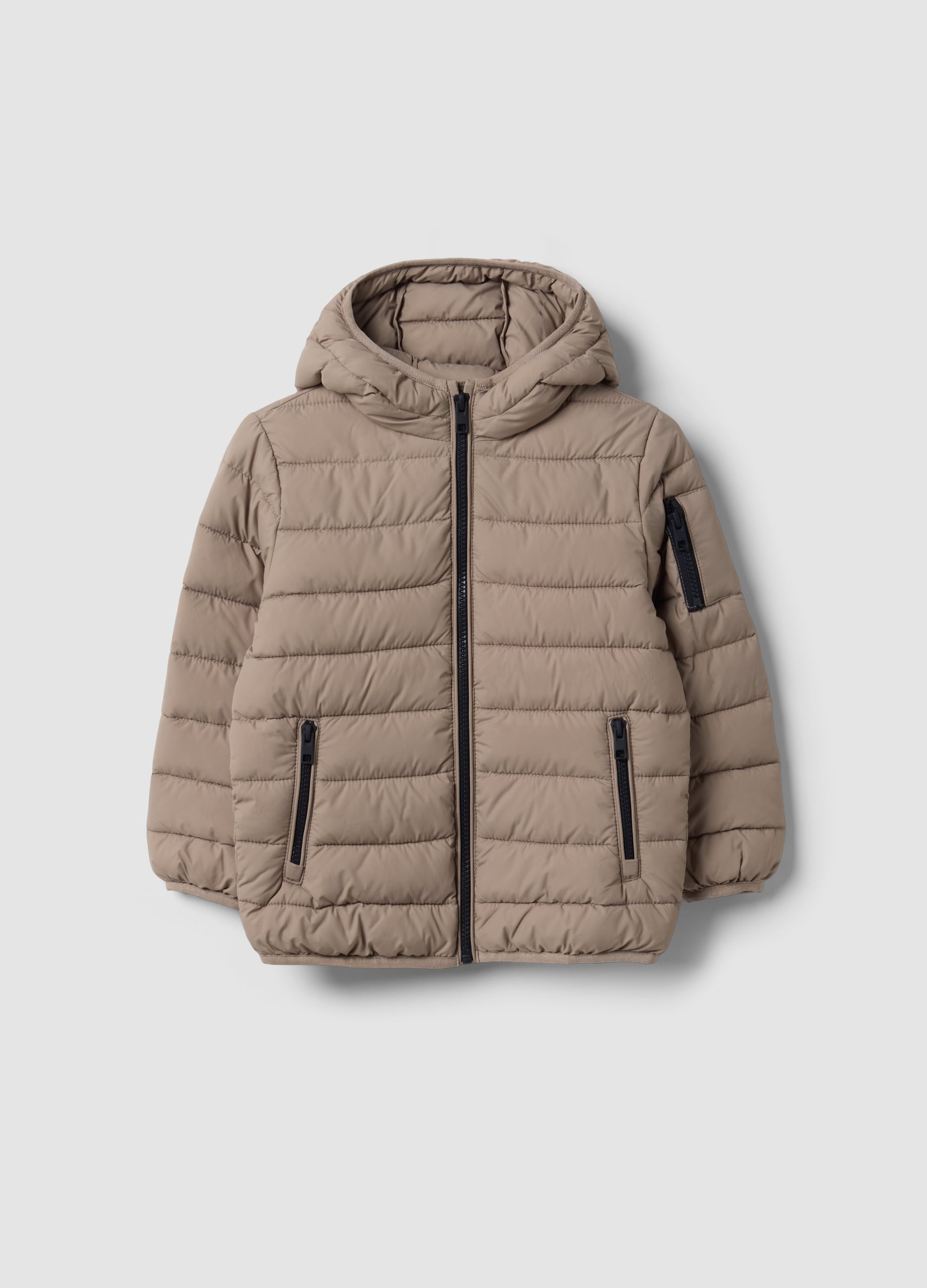 Giubbotto Utralight Beige Imbottito Con Cappuccio E Zip Per Bambino