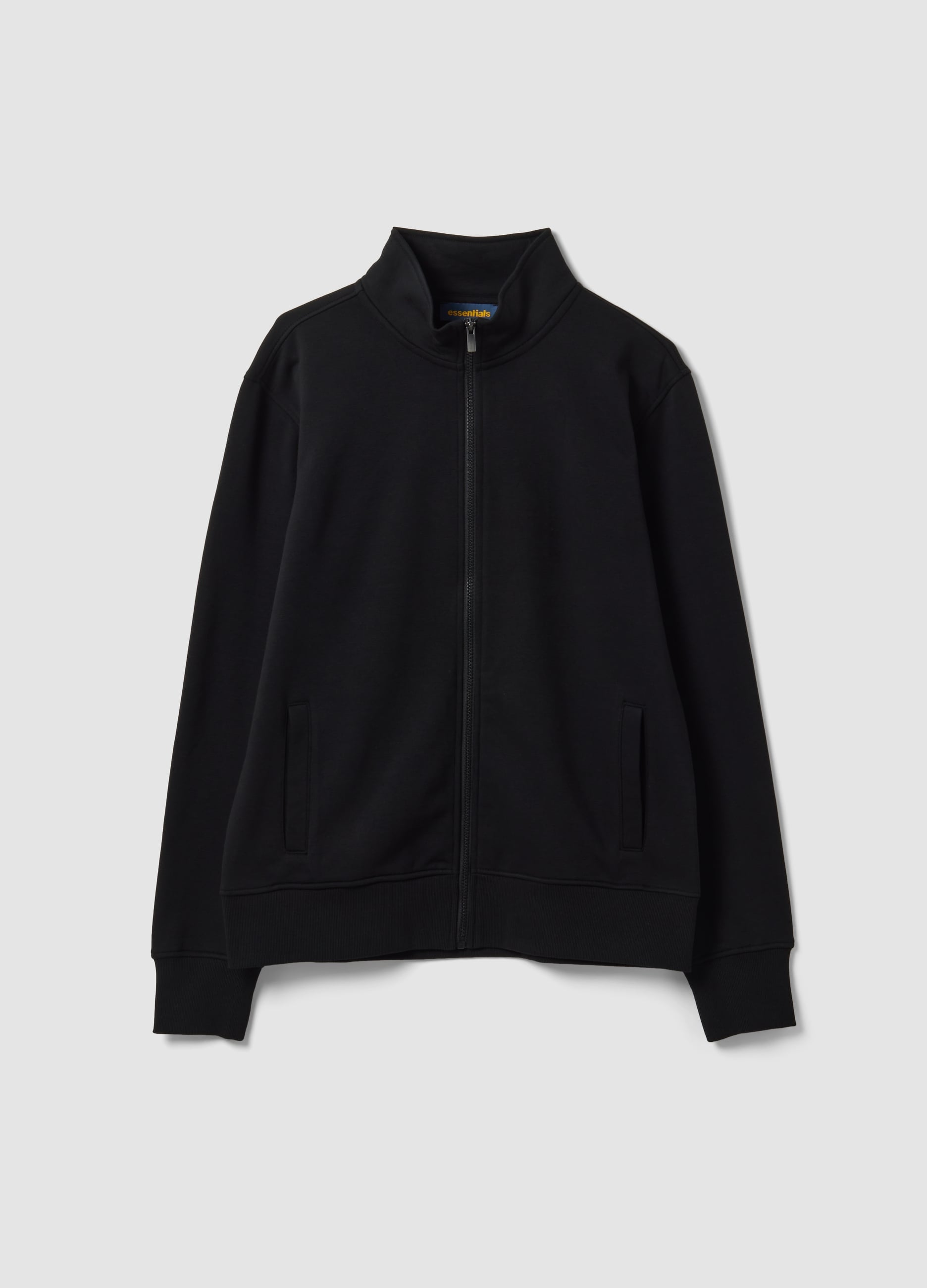 Felpa Nera In Misto Cotone Con Girocollo E Zip Regular Fit