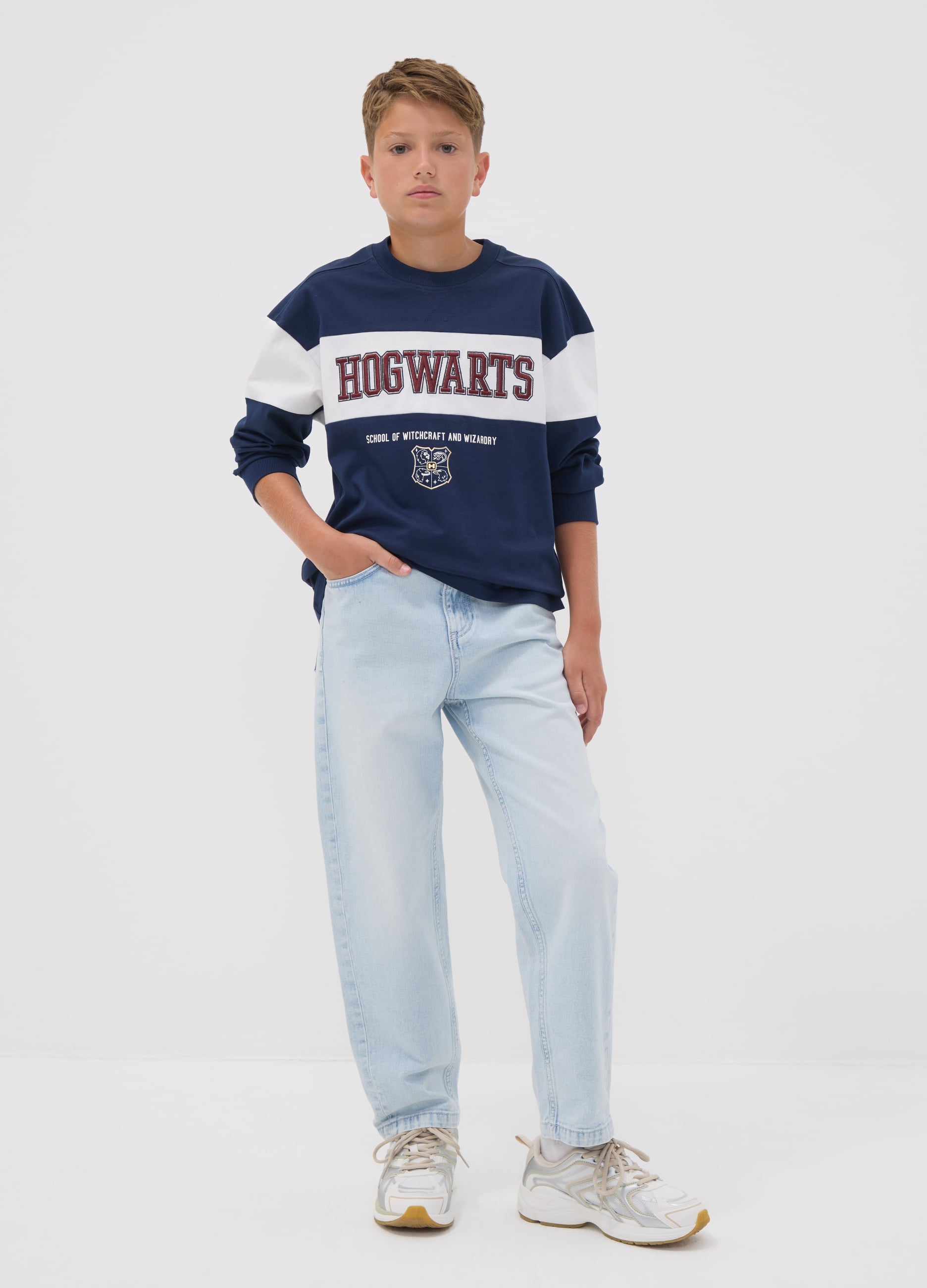 Jeans Azzurri In Puro Cotone Relaxed Fit Per Ragazzo