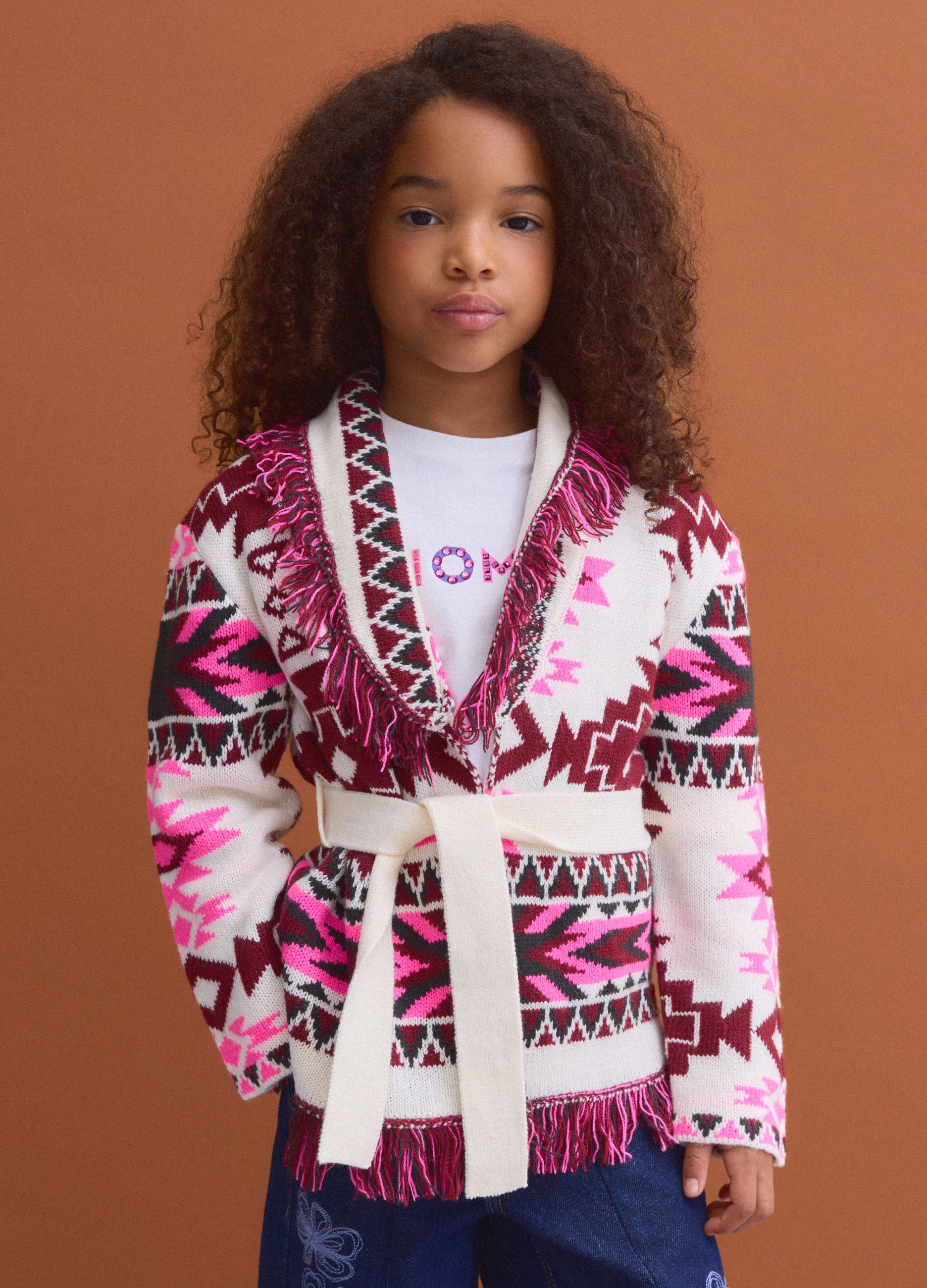 Cardigan Multicolor Con Scollo Profondo A V Jacquard Per Bambina