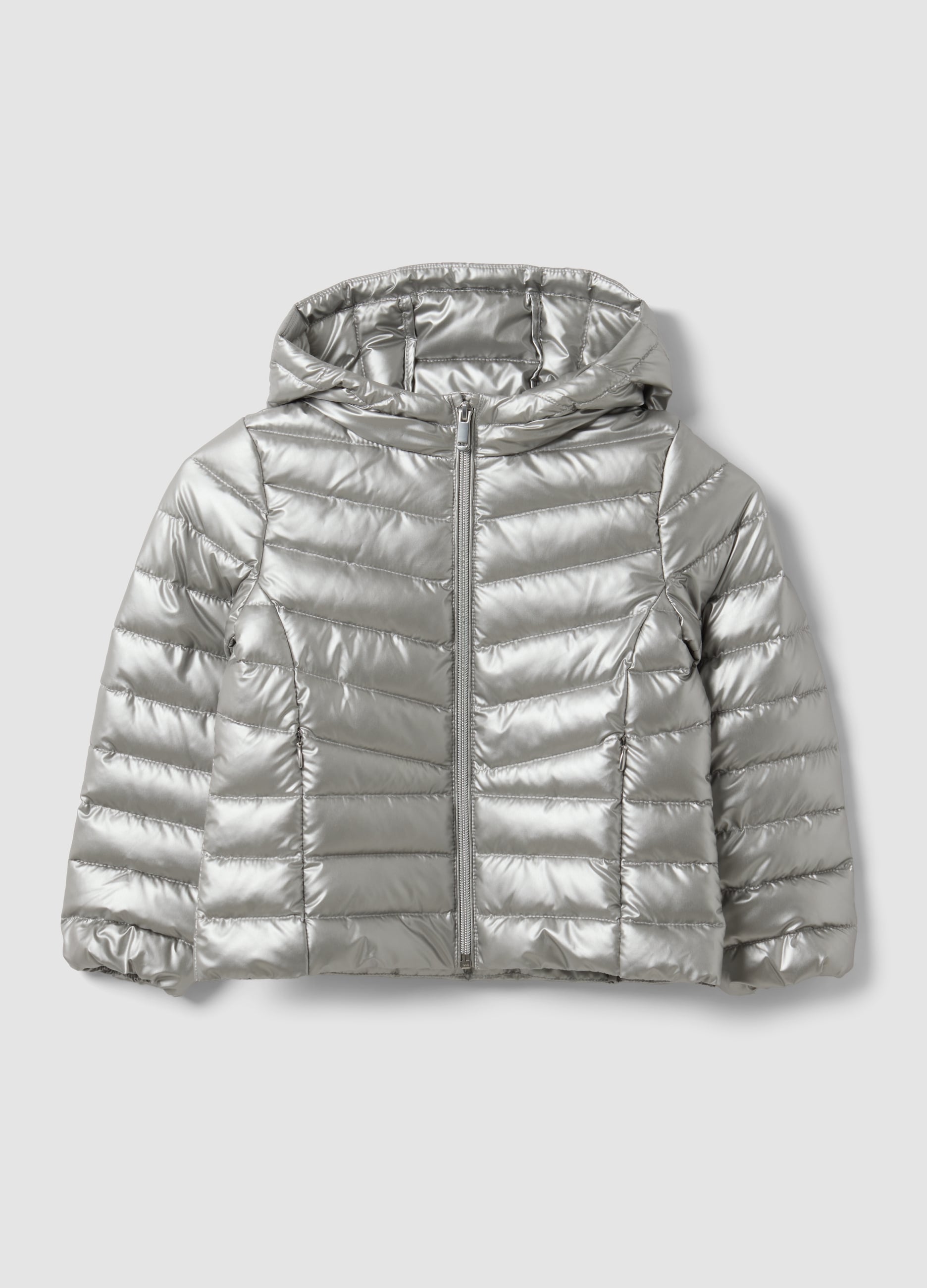 Piumino Ultralight Grigio Con Cappuccio E Zip Per Bambina