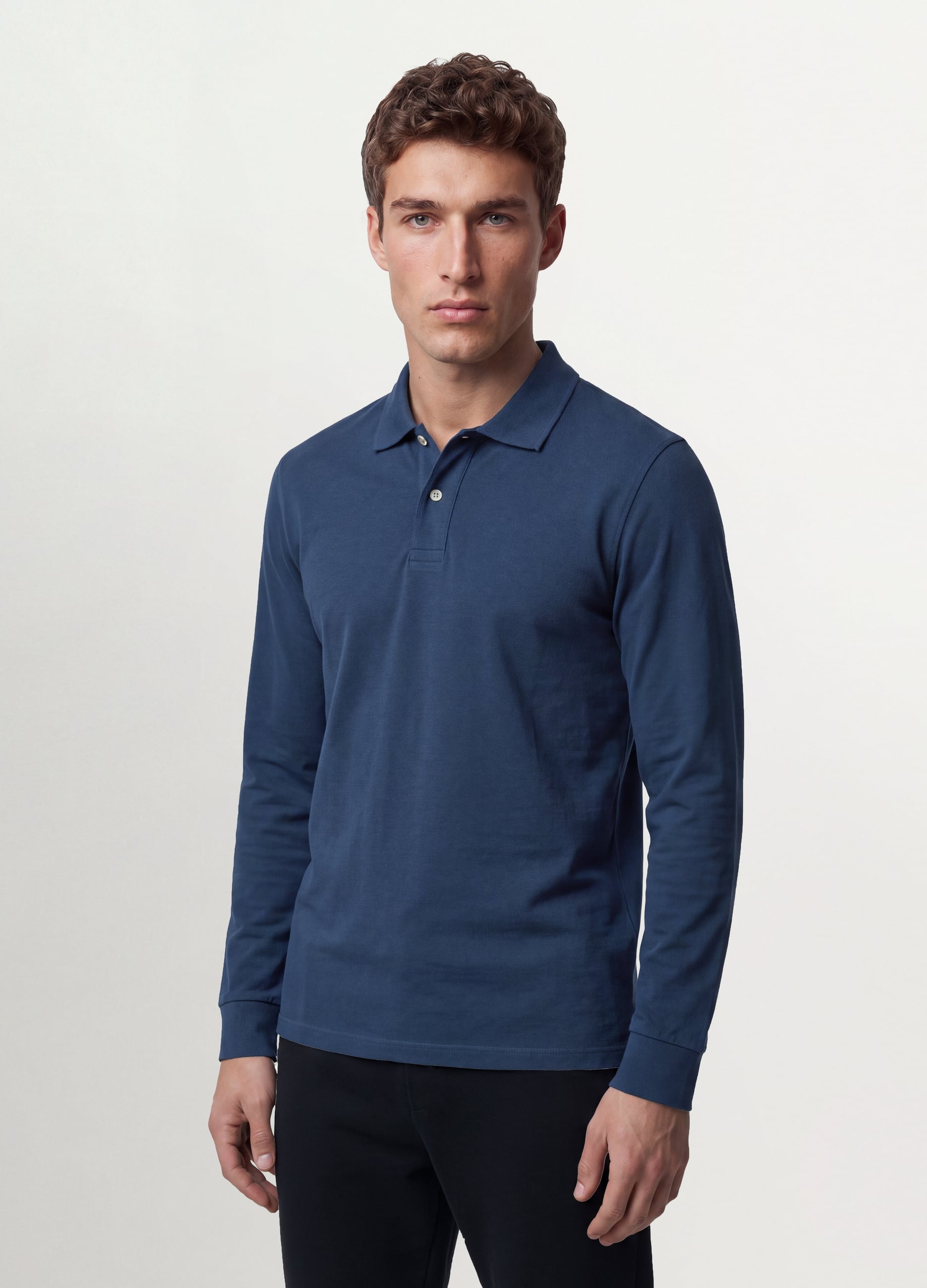 Polo Blu In Piquet Di Puro Cotone Organico A Maniche Lunghe Regular Fit