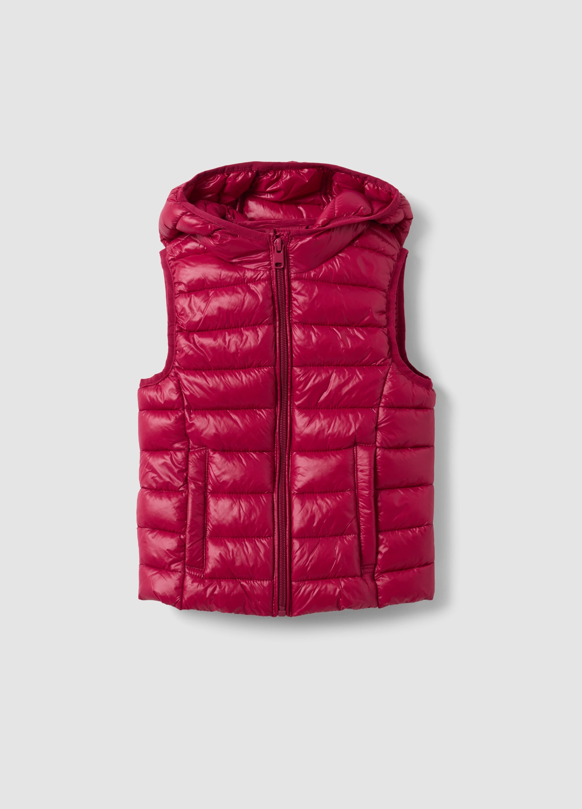 Gilet Rosso Imbottito Con Cappuccio E Zip Per Bambina