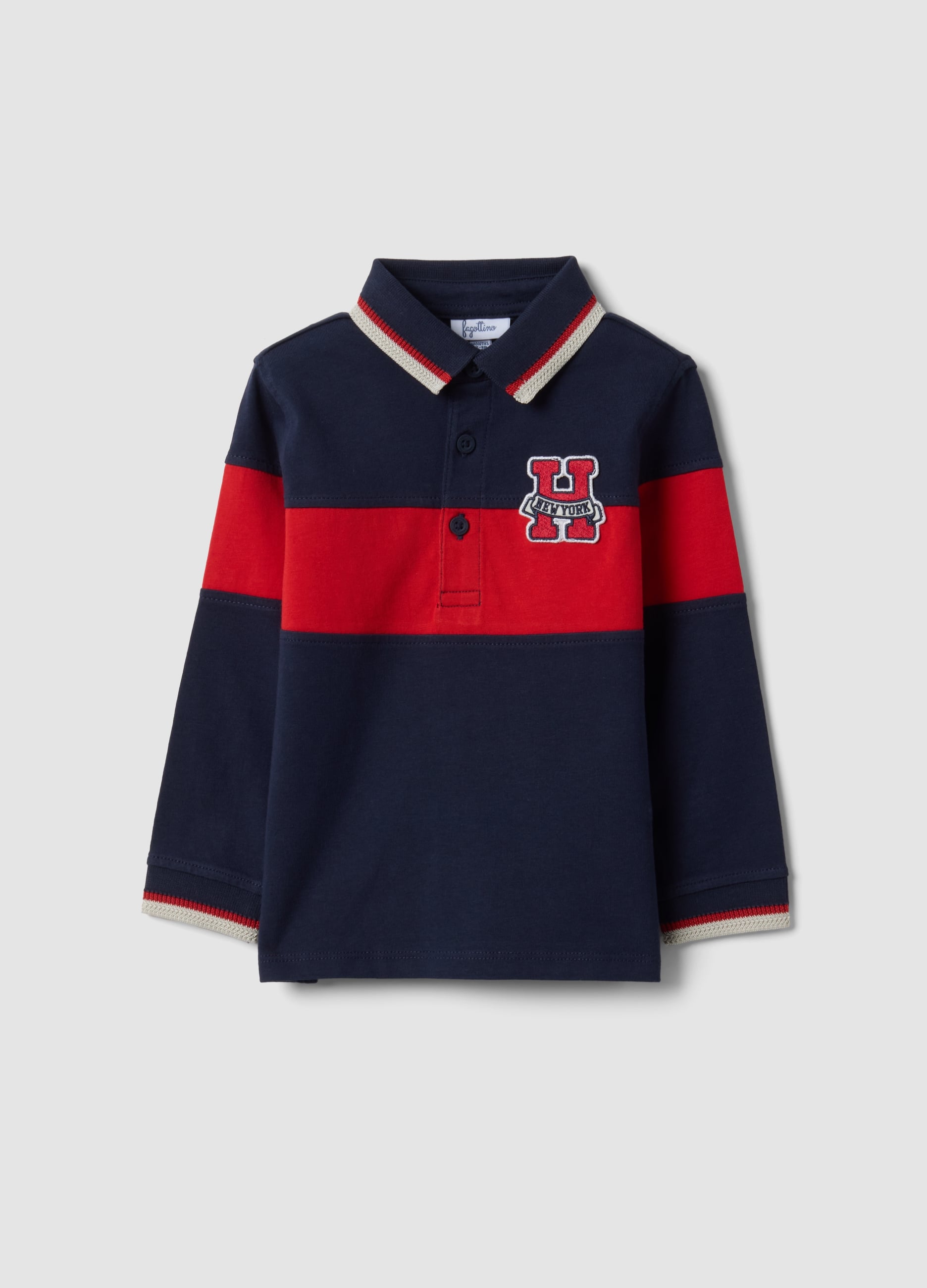 Polo Blu A Righe In Puro Cotone Con Maniche Lunghe Per Bimbo