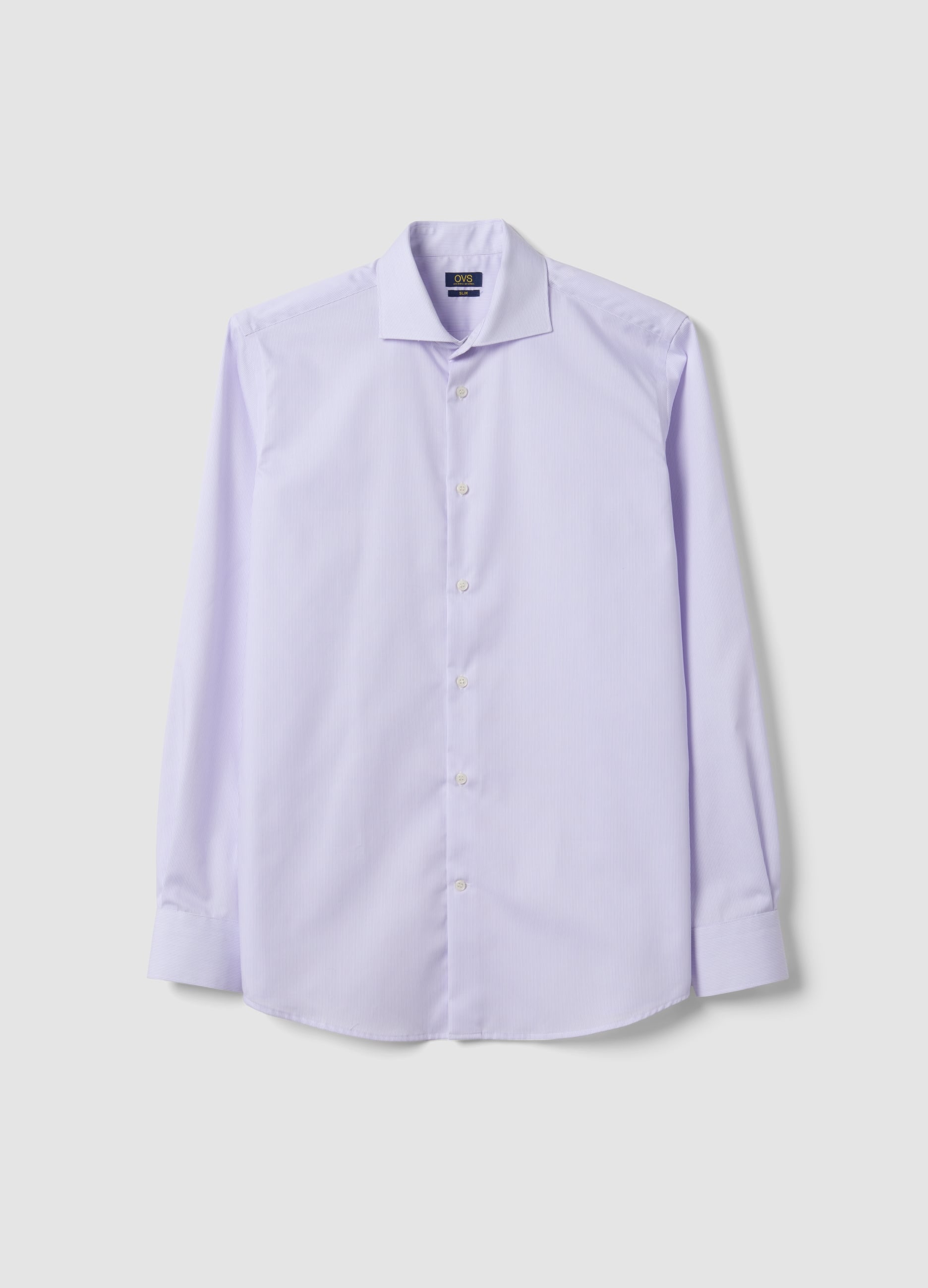 Camicia Bianca A Righe In Puro Cotone Con Collo Francese Slim Fit No Iron