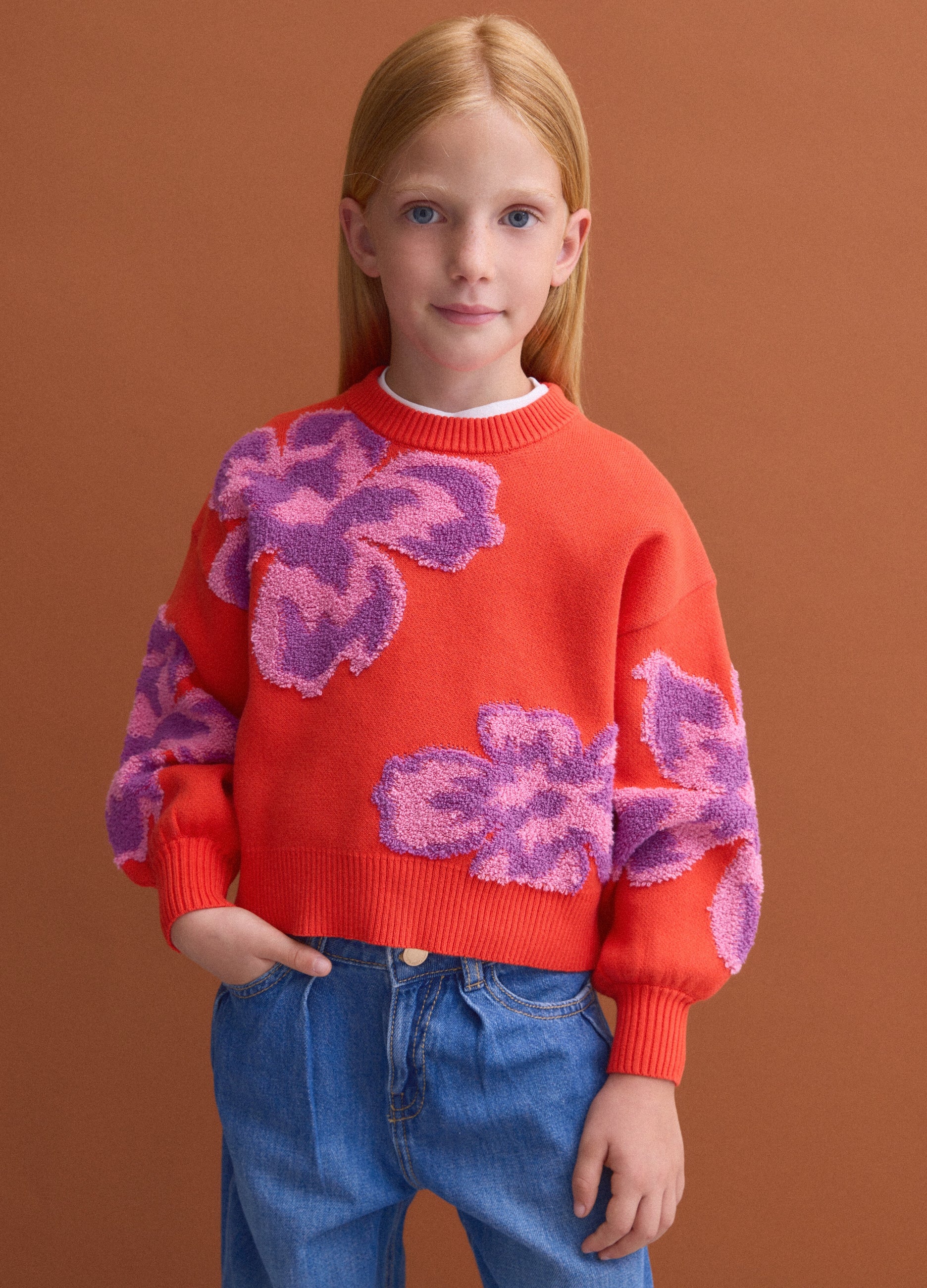 Maglia Rossa In Puro Cotone A Girocollo Con Fantasia Floreale Per Bambina