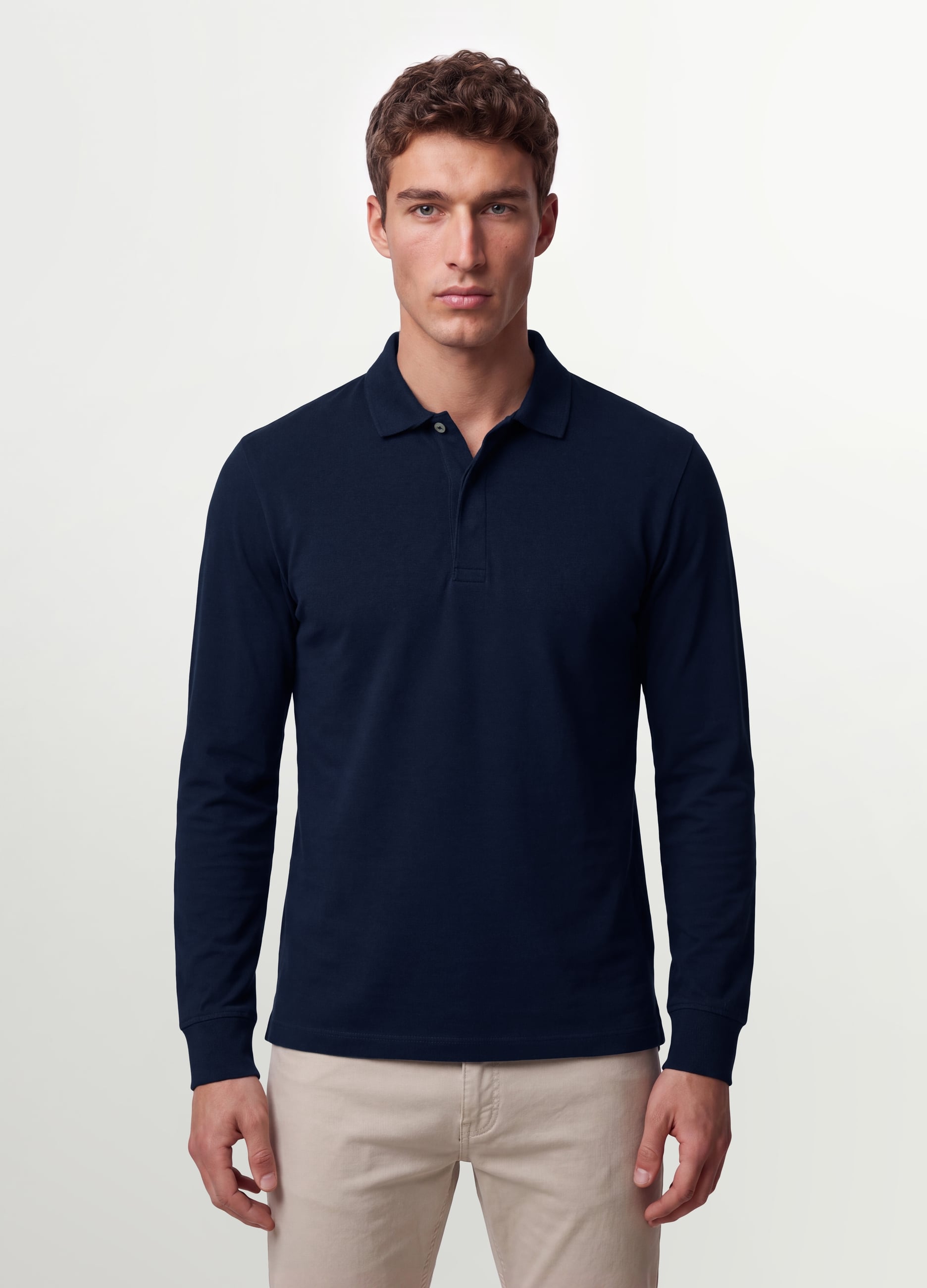 Polo Blu In Cotone Elasticizzato A Maniche Lunghe Regular Fit