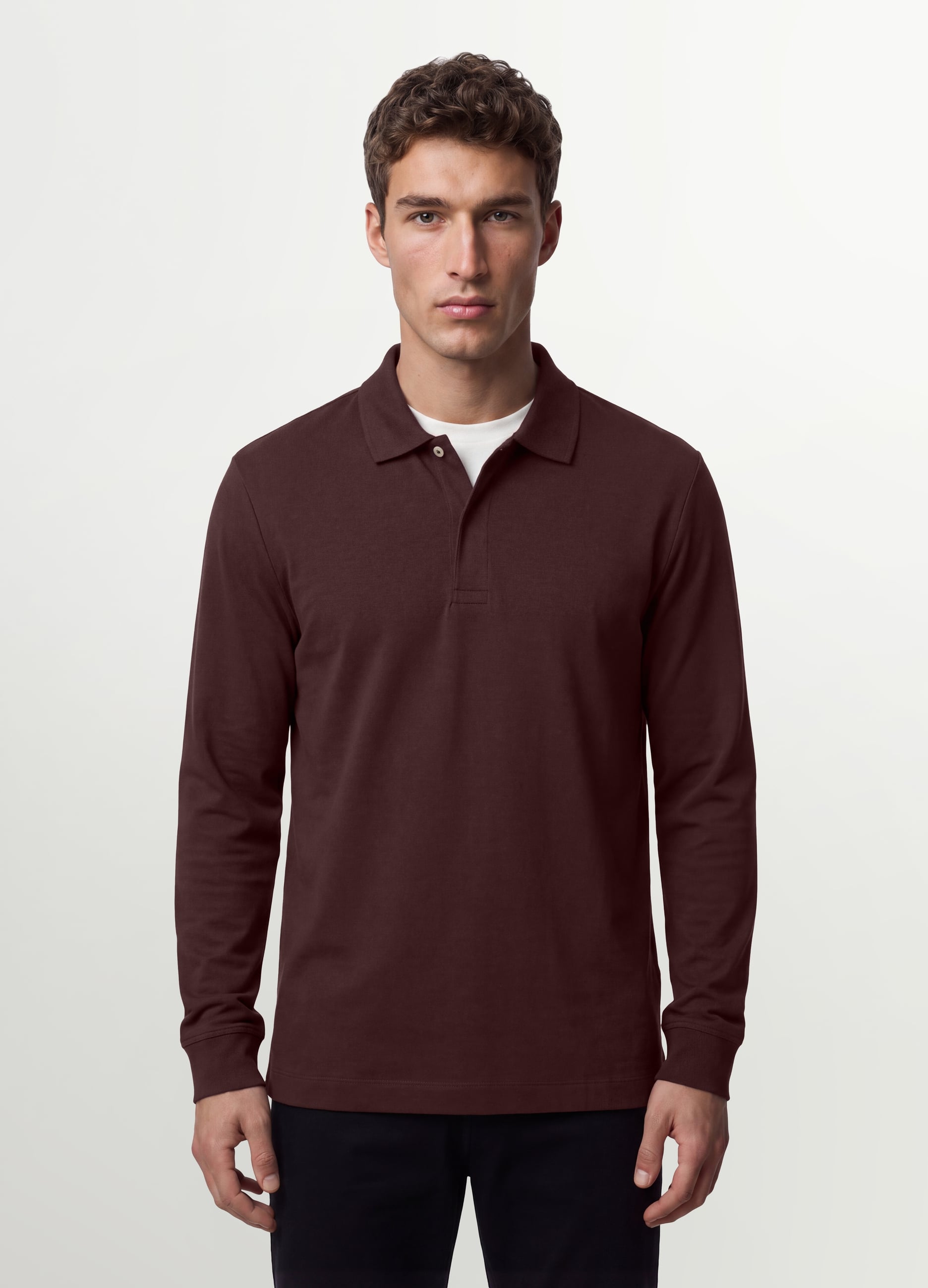Polo Marrone In Cotone Elasticizzato A Maniche Lunghe Regular Fit