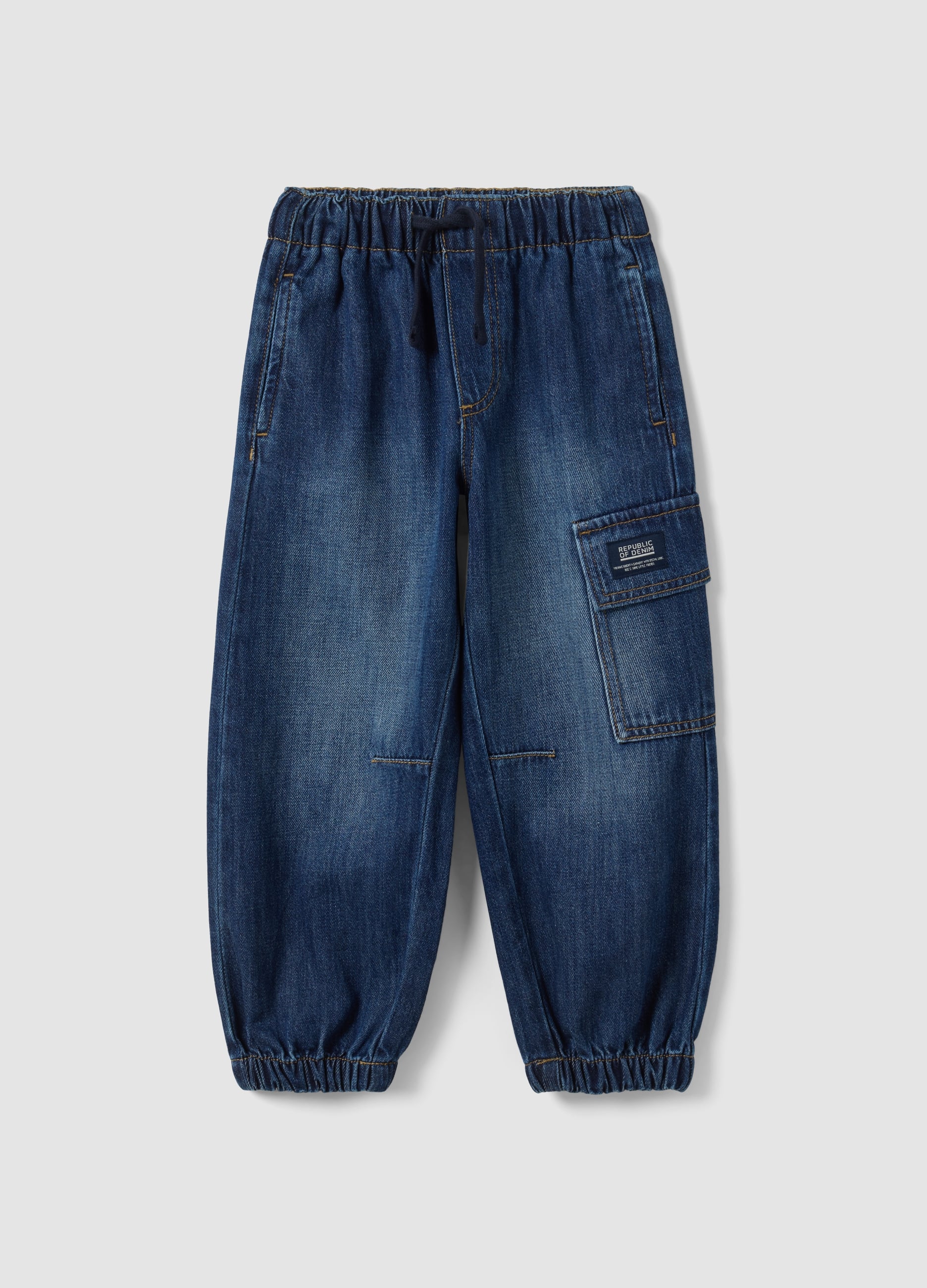 Jogger Denim Blu In Misto Cotone E Viscosa Con Tasche Cargo Relaxed Fit