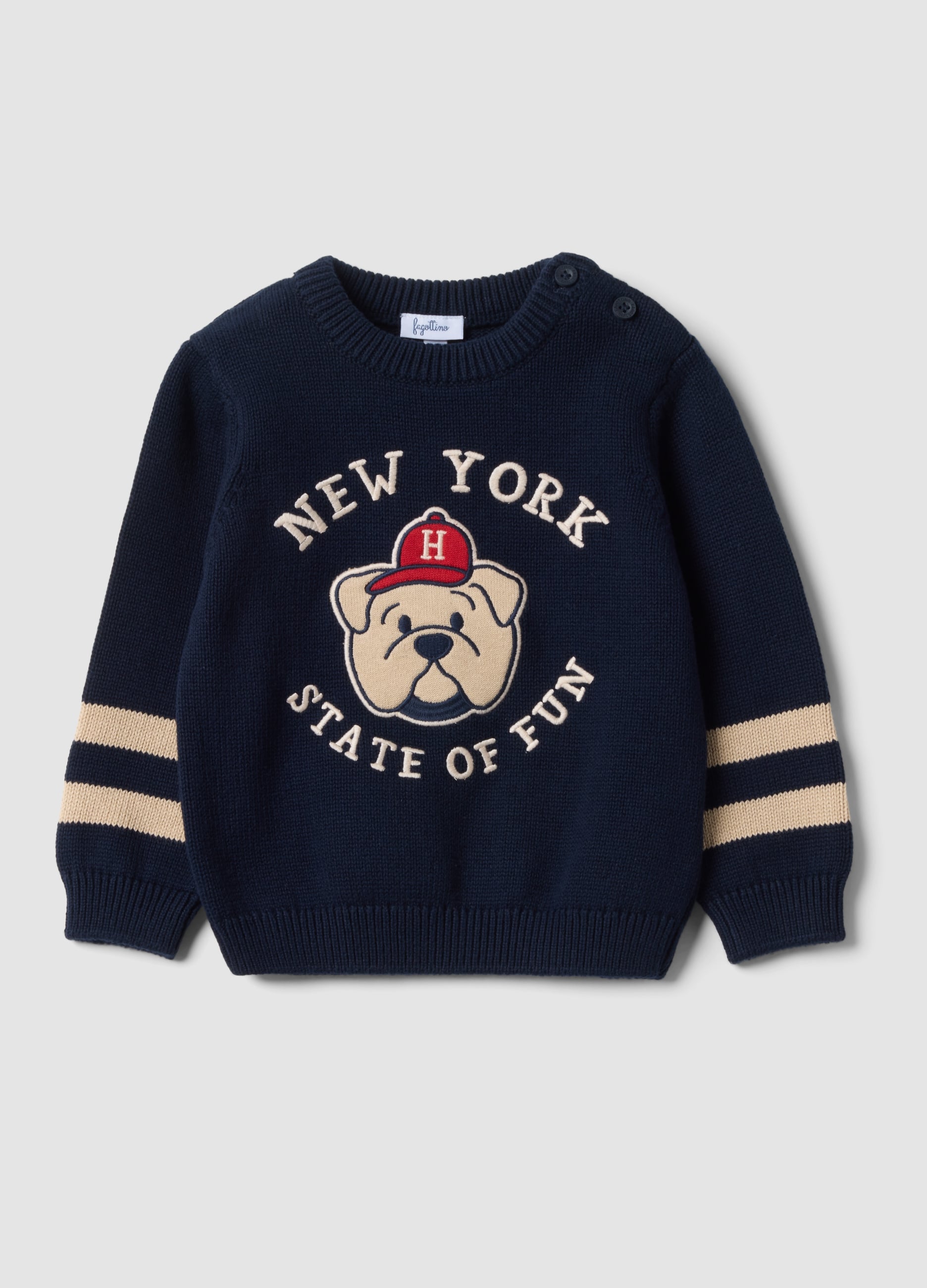 Maglione Blu In Puro Cotone Con Girocollo E Stampa Cagnolino Per Bimbo