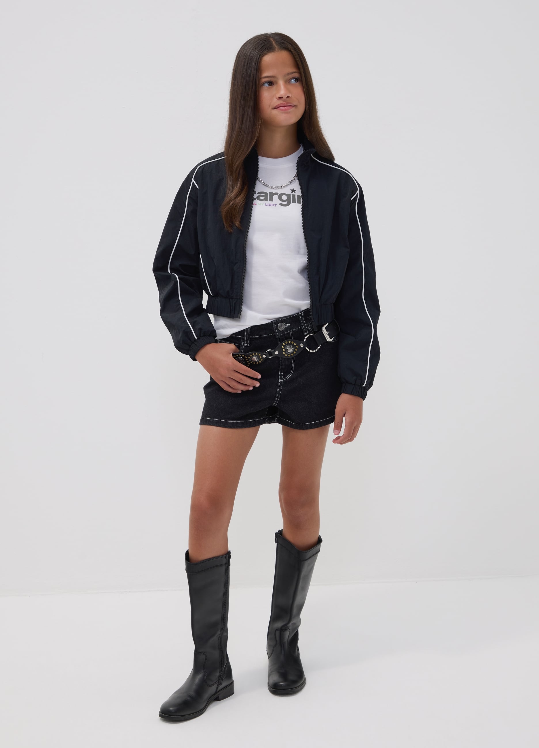 Shorts Denim Neri In Puro Cotone Con Ricami A Stella Per Ragazza