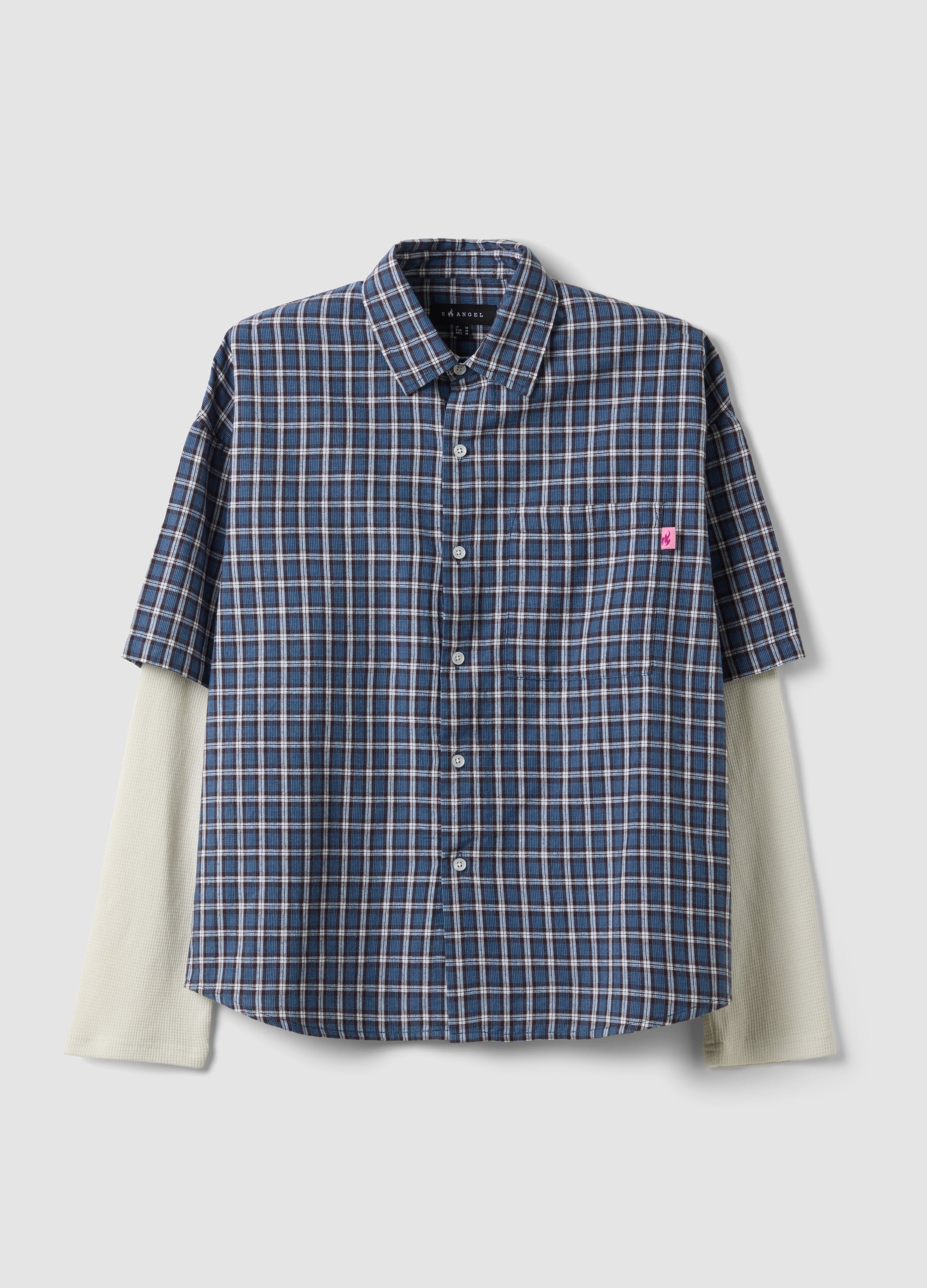 Camicia Cropped Blu A Quadri In Puro Cotone Con Maniche Doppie Over Fit