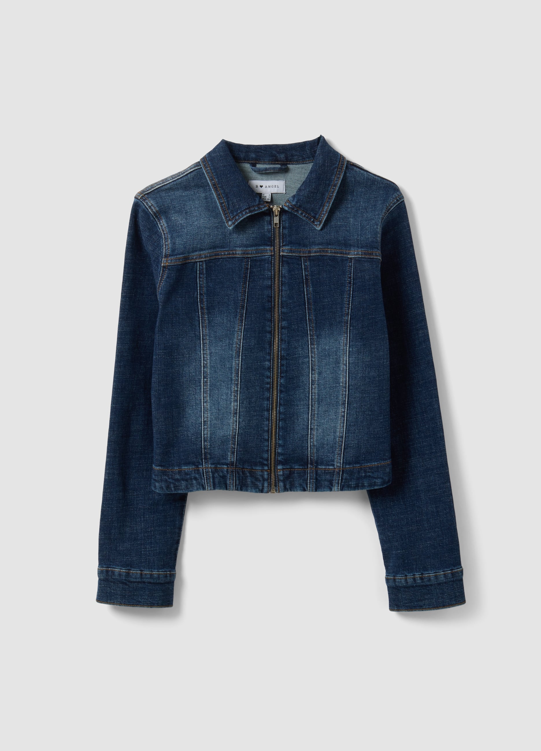 Giacca Blu In Denim Di Cotone Elasticizzato Con Zip Slim Fit