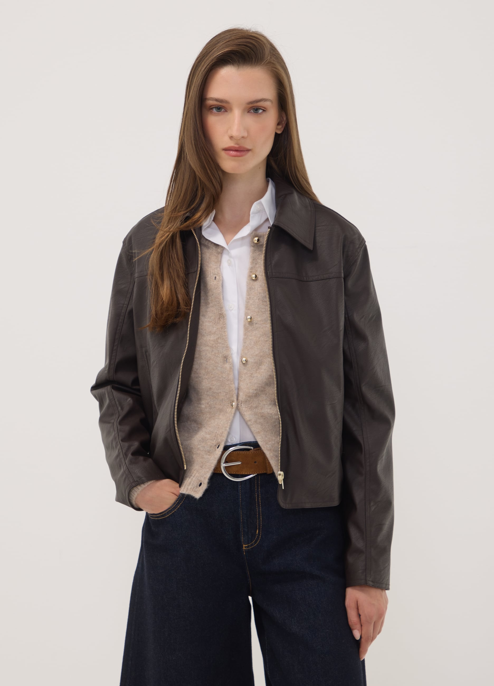 Giacca Marrone Con Zip E Colletto Slim Fit