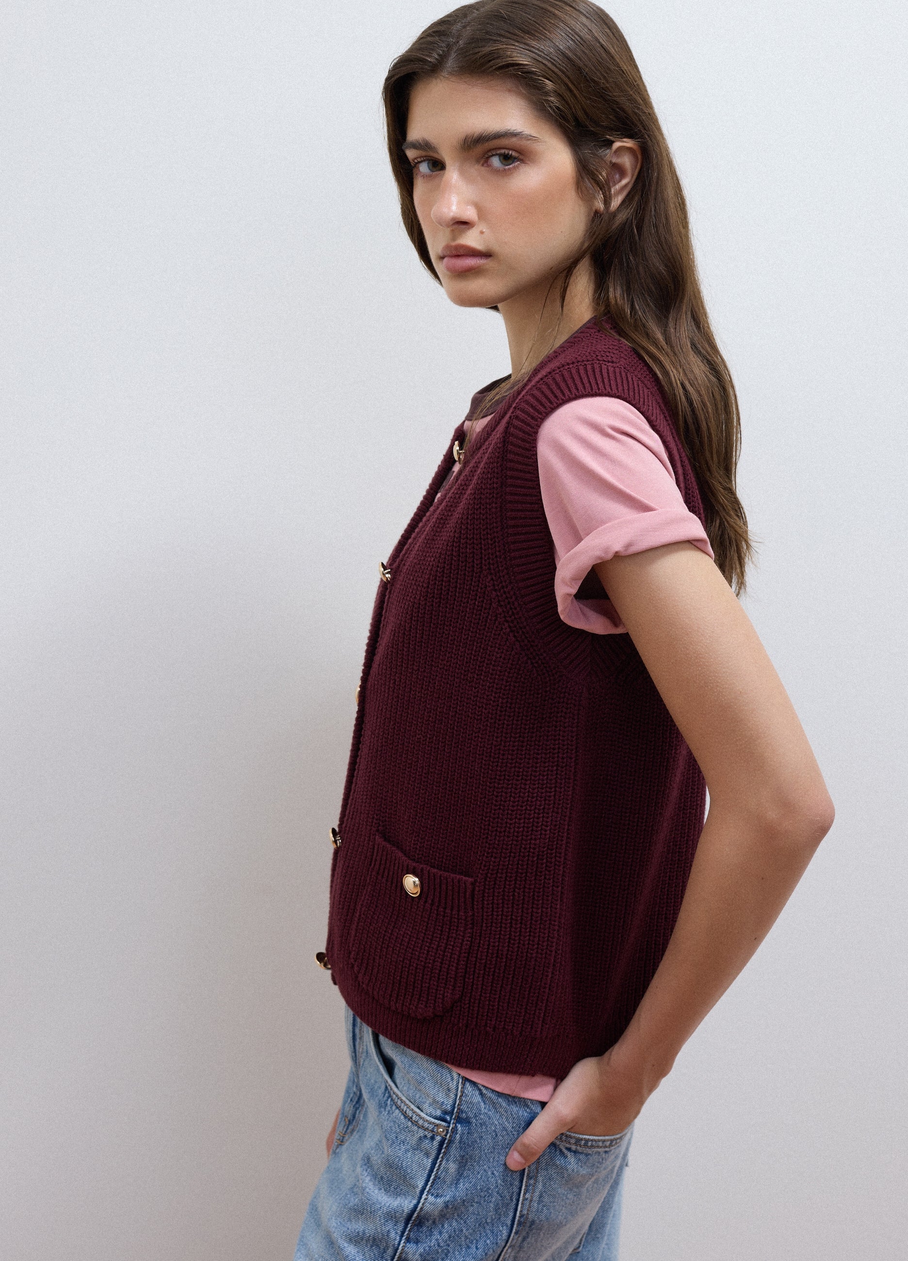 Gilet Rosso In Puro Cotone Con Lavorazione A Maglia Regular Fit