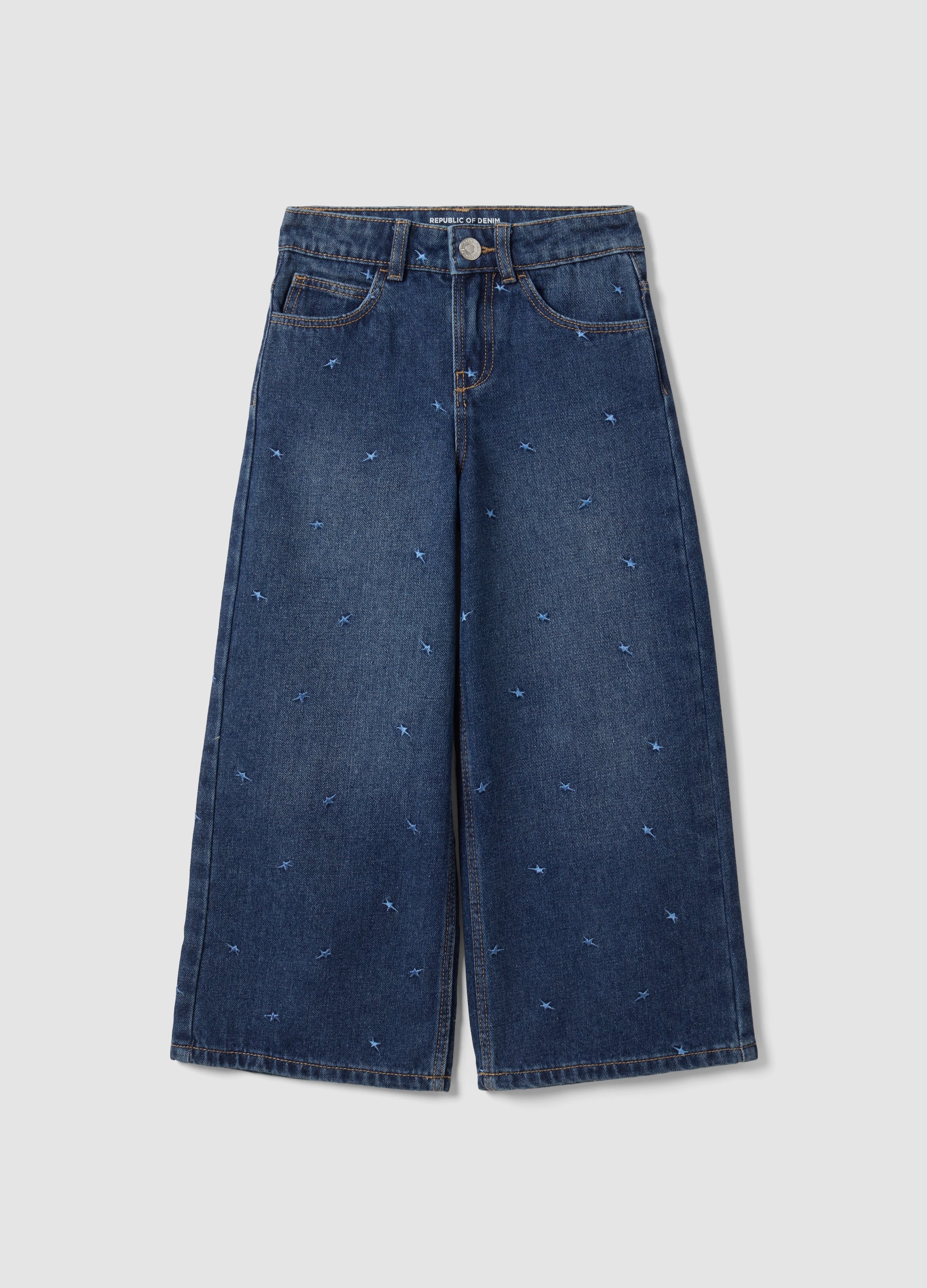 Jeans Blu In Misto Cotone, Viscosa E Lyocell Con Ricami Per Bambina
