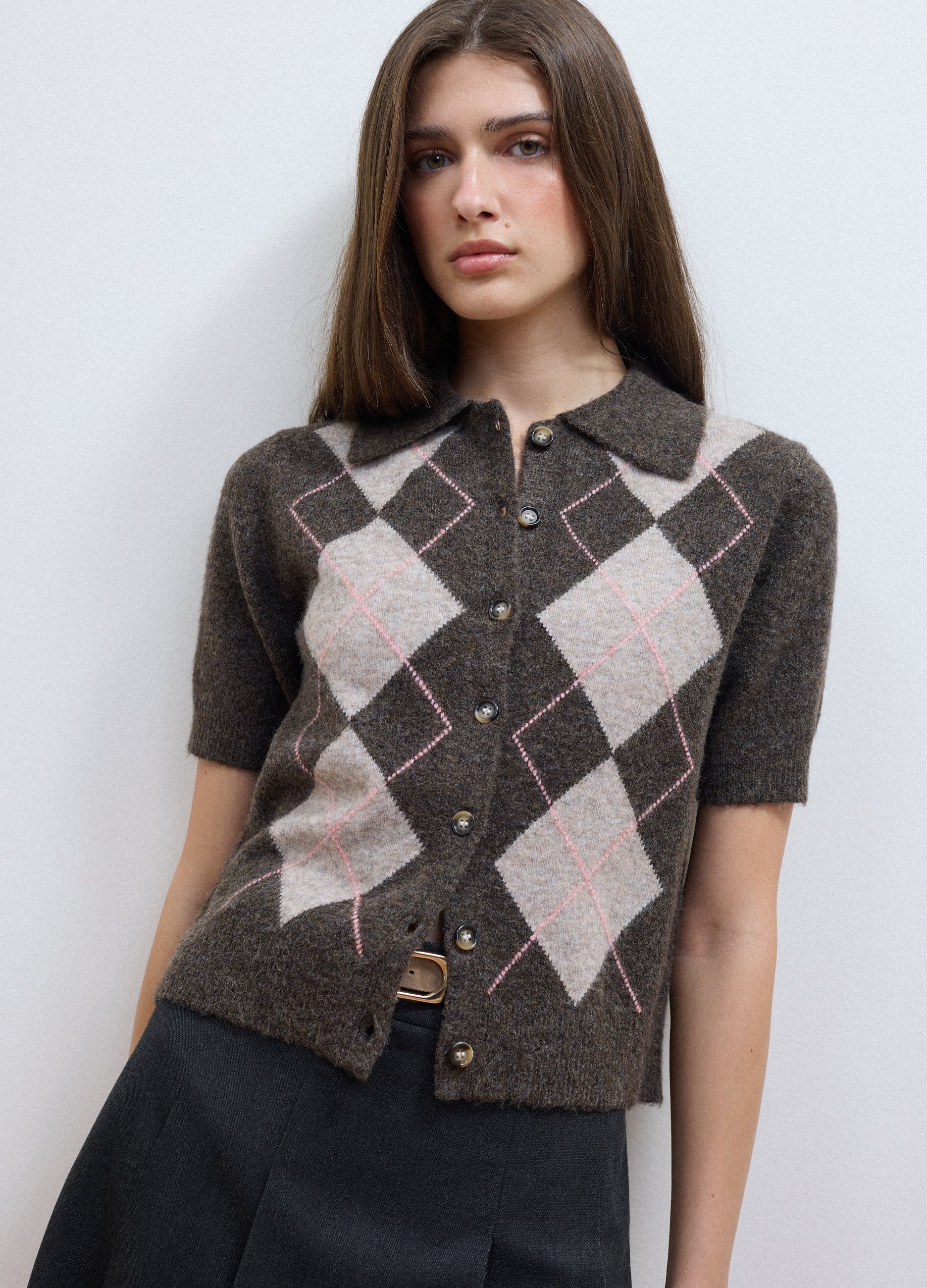 Cardigan Marrone In Lana Elasticizzata Con Collo Polo Regular Fit