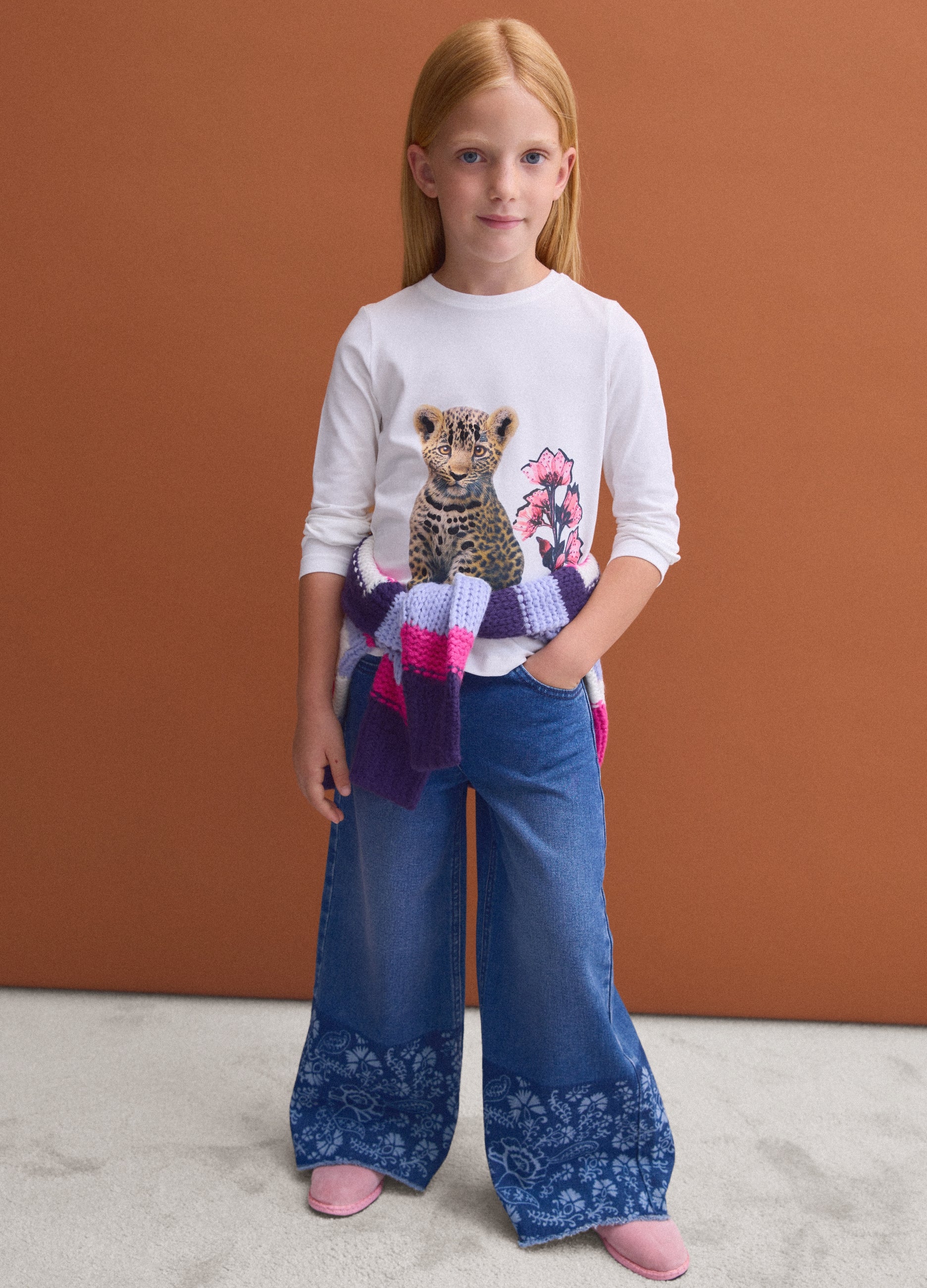 Jeans Blu Wide Leg In Puro Cotone Con Stampa Floreale Per Bambina