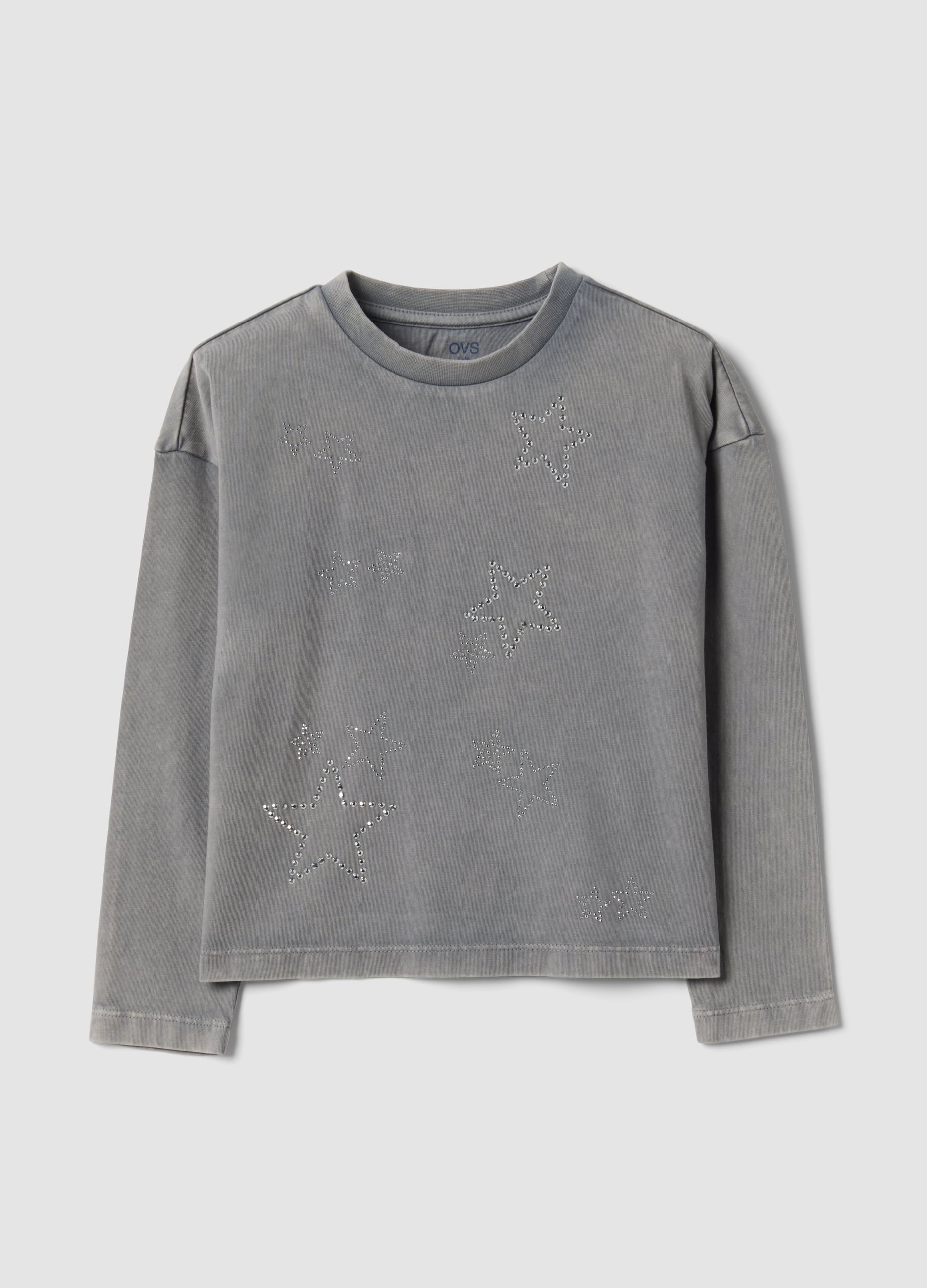 T-shirt Grigia In Puro Cotone Con Girocollo E Stelle Strass Per Bambina