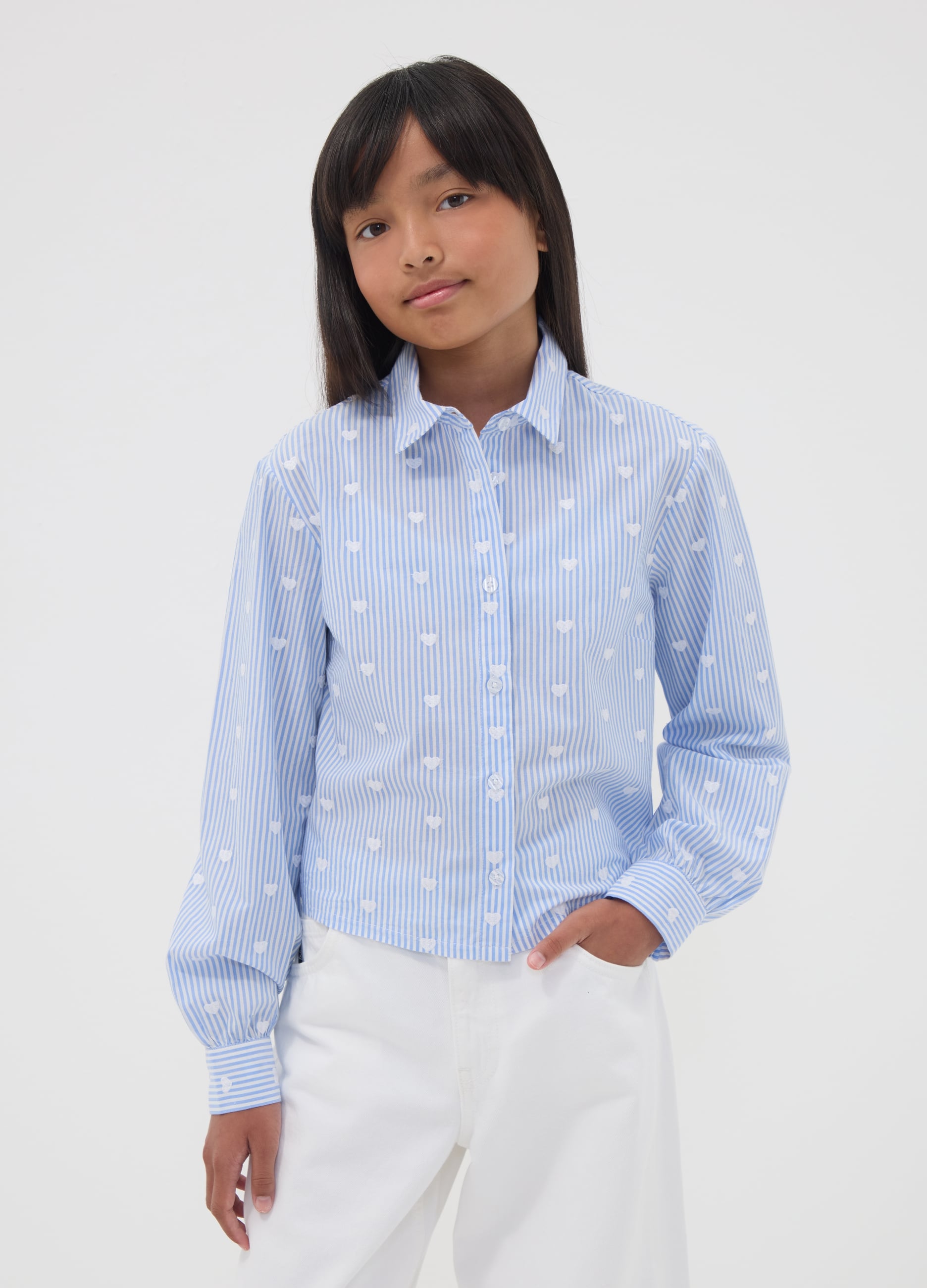 Camicia Azzurra A Righe In Puro Cotone Con Cuori Per Ragazza