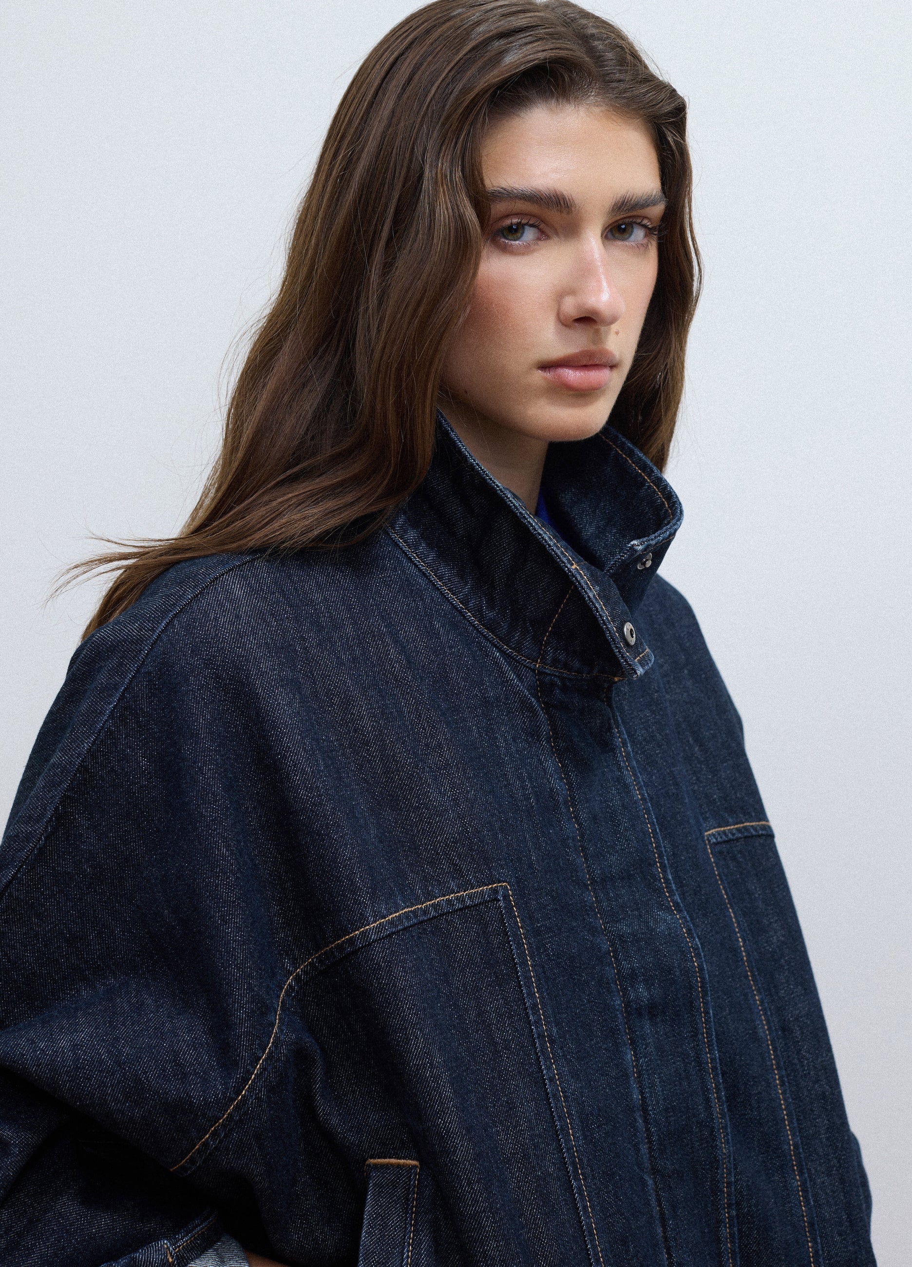 Giacca Blu In Denim Di Puro Cotone Con Zip Over Fit