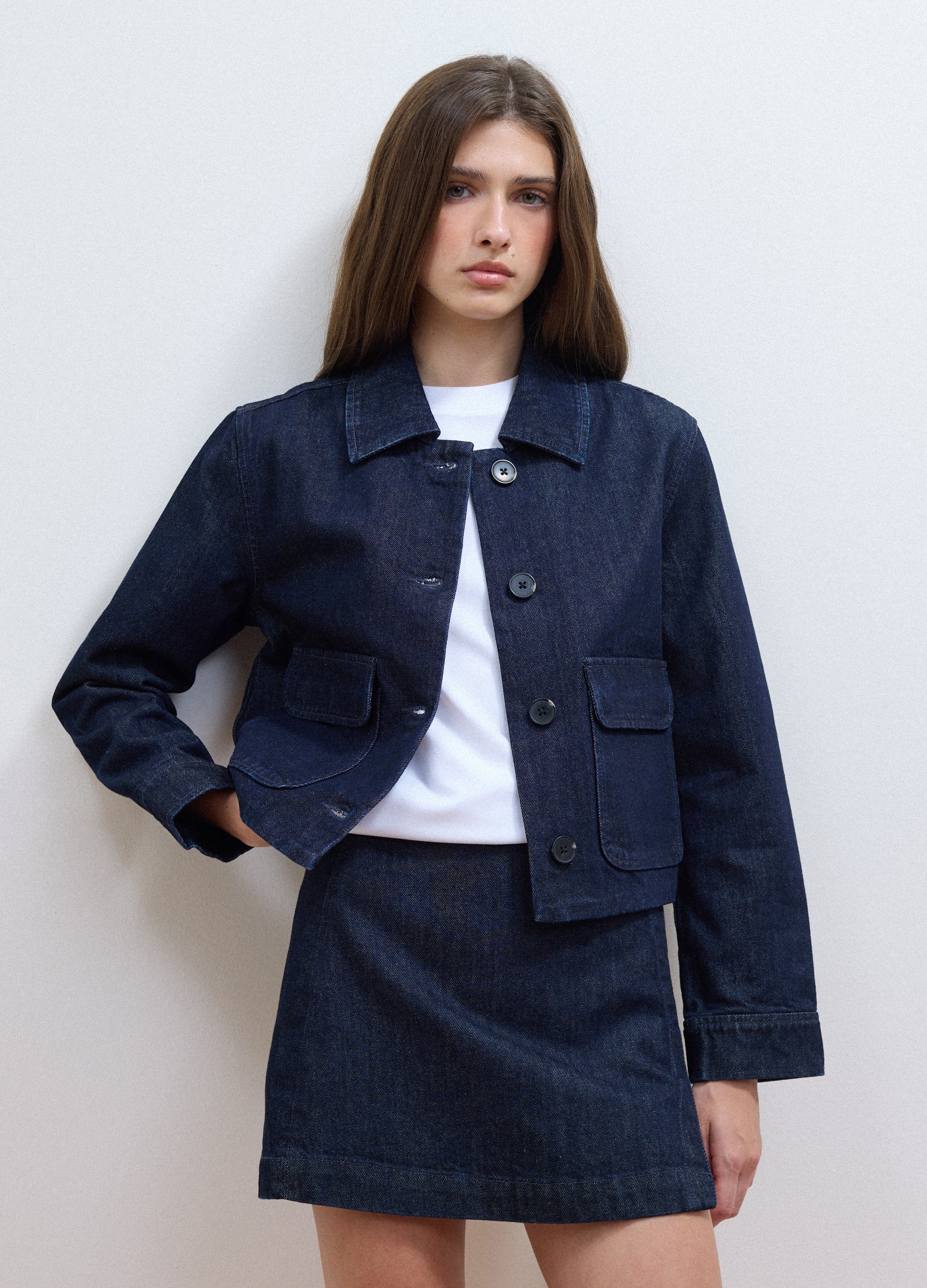 Giacca Cropped Blu In Denim Di Puro Cotone Regular Fit