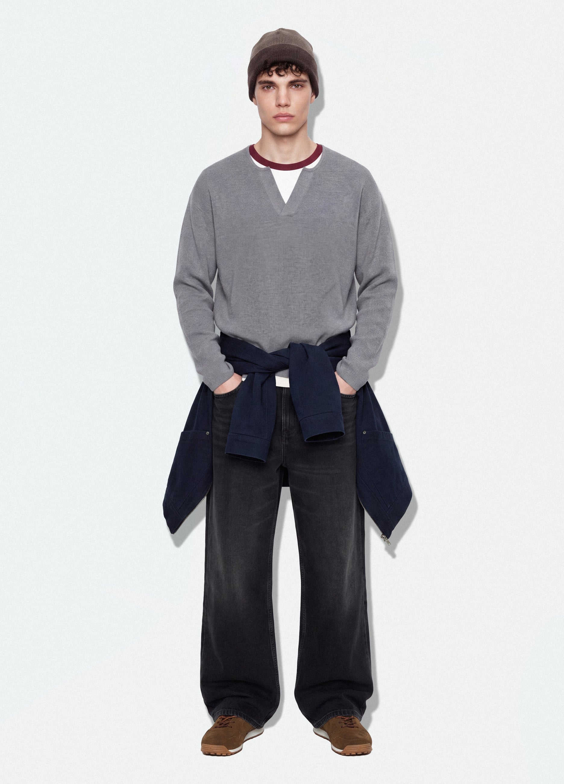 Maglia Grigia In Misto Cotone Con Scollo Serafino Regular Fit