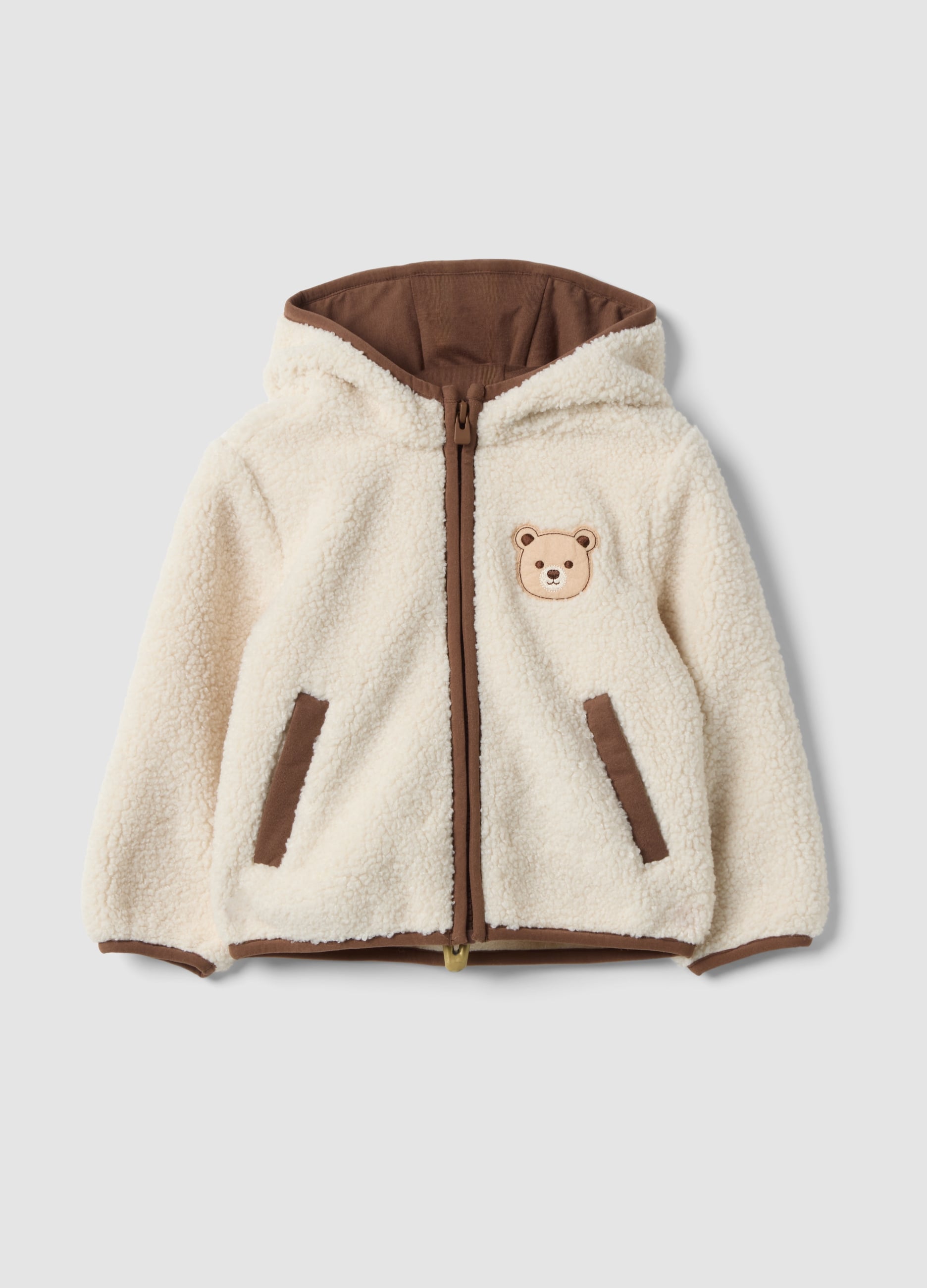Giacca Bianca Con Cappuccio E Zip Effetto Teddy Per Bimbo
