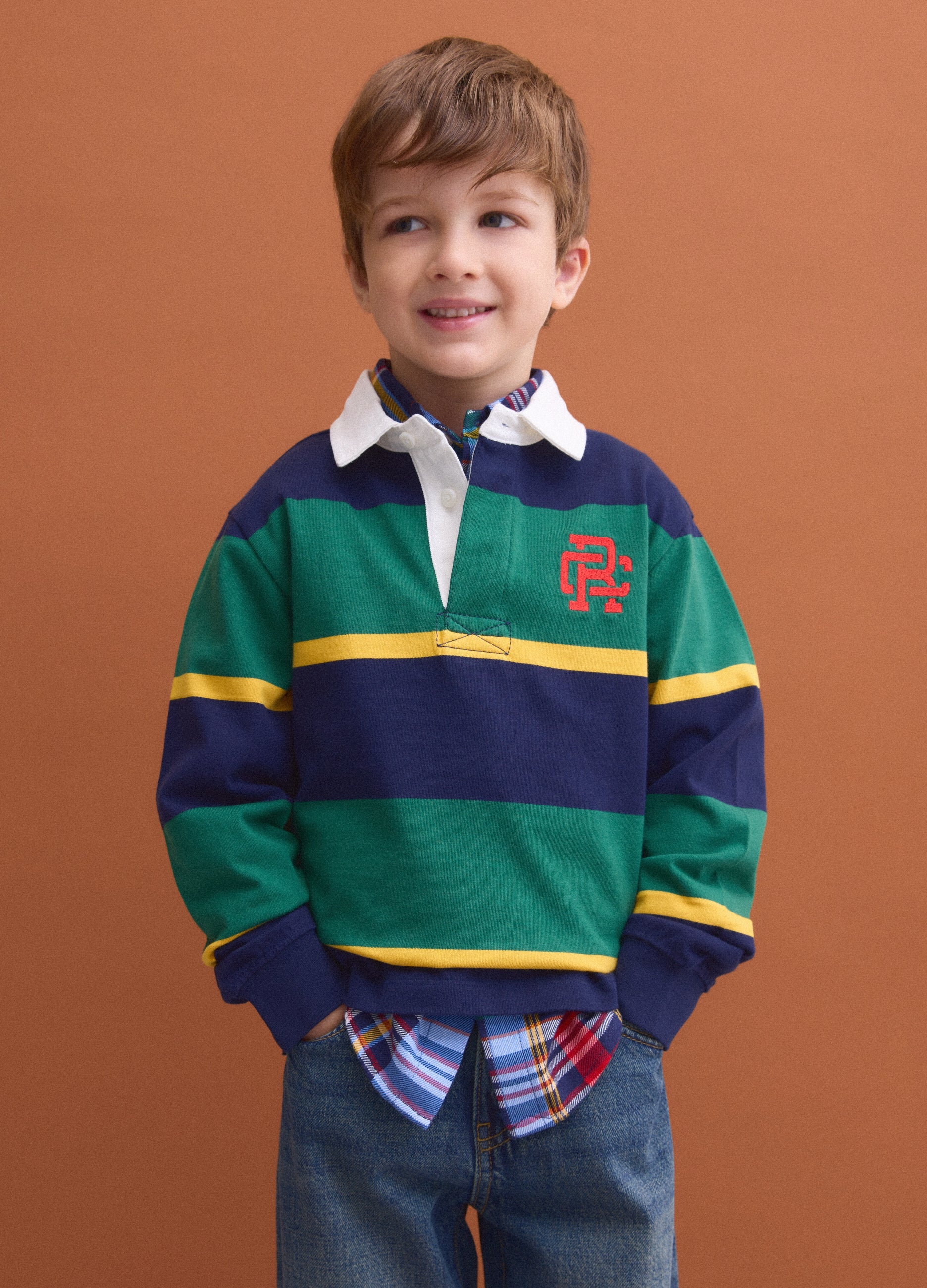 Polo Rugby Multicolor In Puro Cotone A Righe Con Colletto Classico Per Bambino