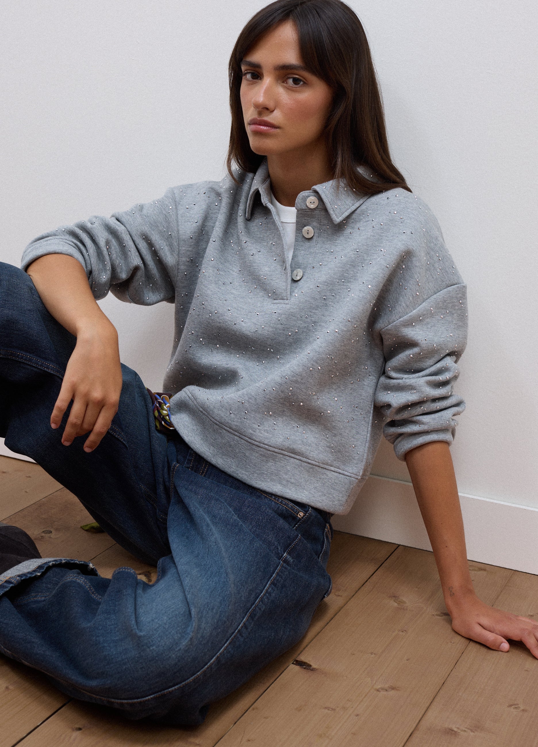 Polo Grigia In Misto Cotone Con Strass All Over Regular Fit