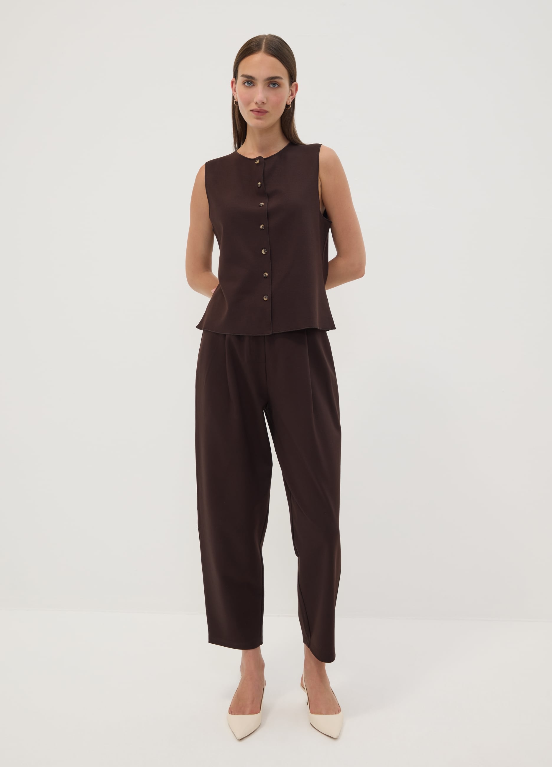 Pantaloni Jogger Marroni In Punto Milano Di Viscosa Elasticizzata Barrel Fit
