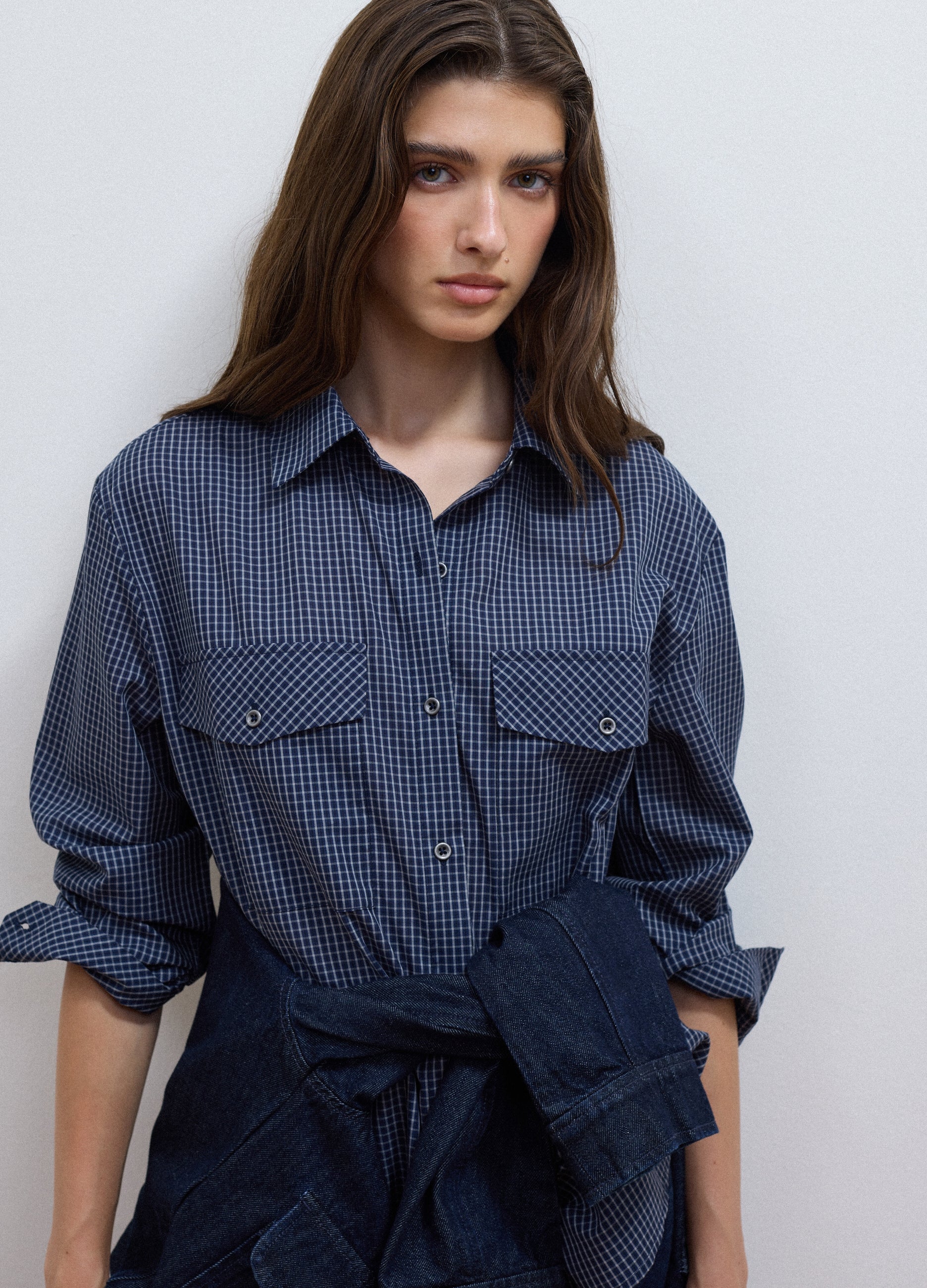 Camicia Blu In Misto Cotone E Lyocell A Quadretti Regular Fit
