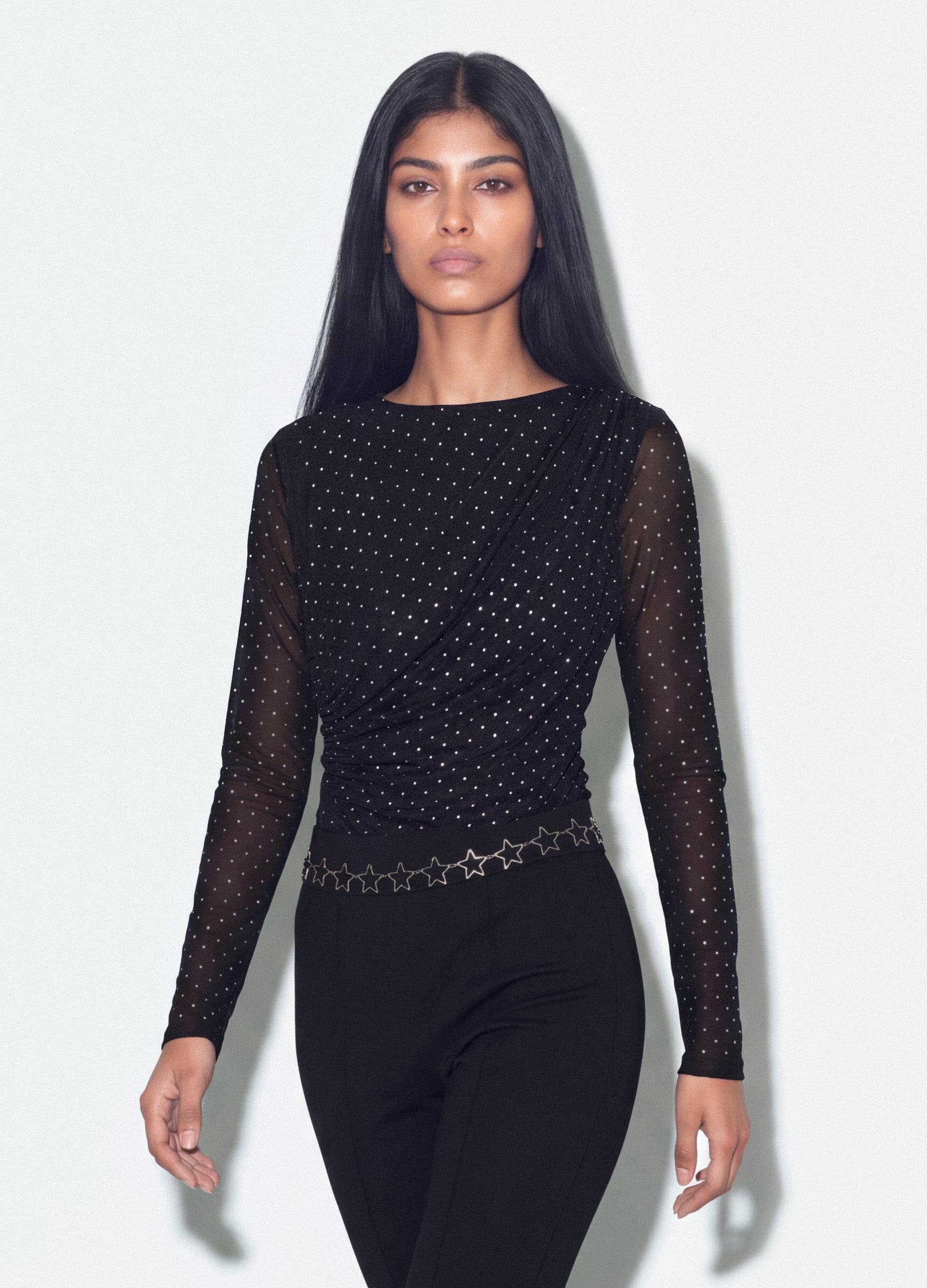 Body Fitted Nero In Tessuto Elasticizzato Con Strass